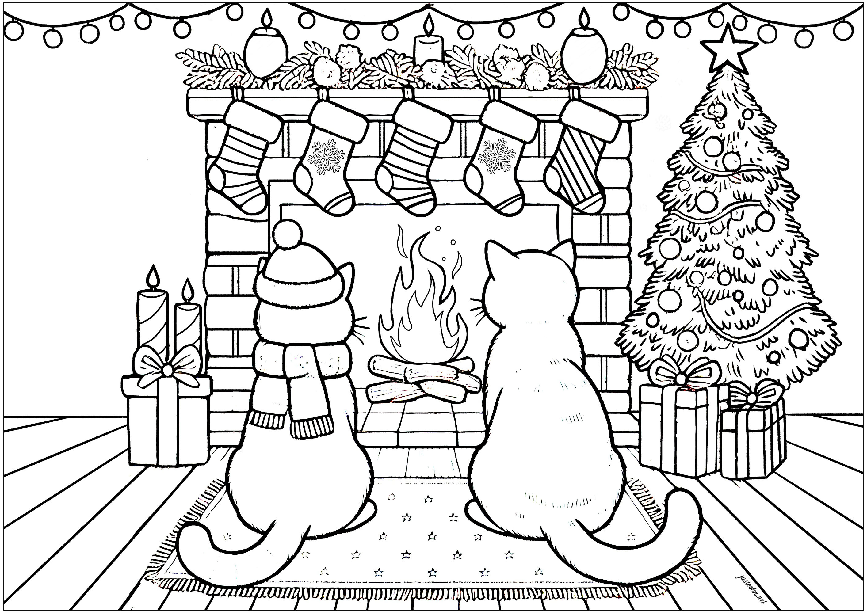 Due gatti davanti al camino (Pagina Natale da Colorare) Due gatti davanti al camino (Pagina Natale da Colorare per bambini)