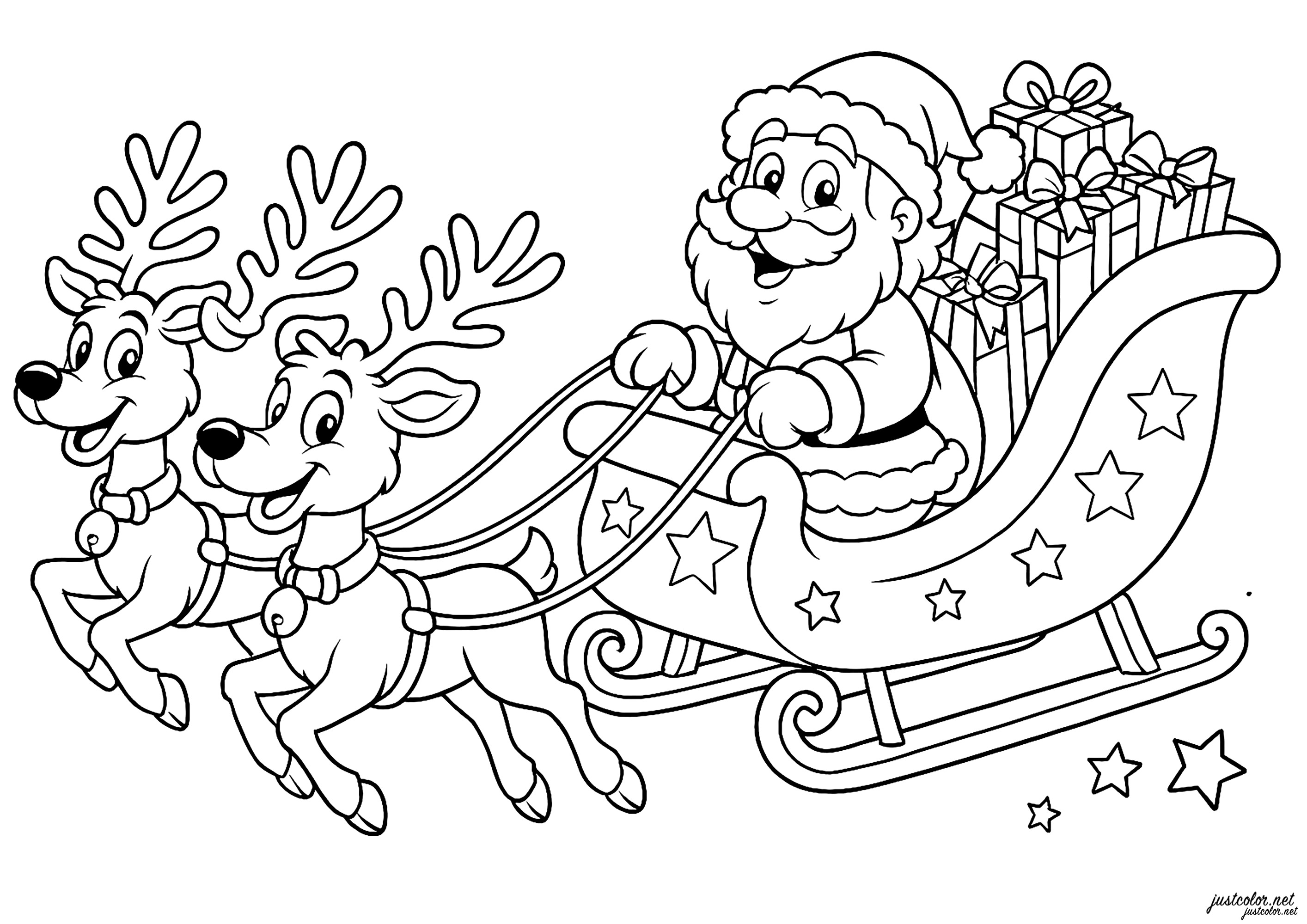Renne felici che trainano una slitta (Pagina Natale da Colorare per bambini)