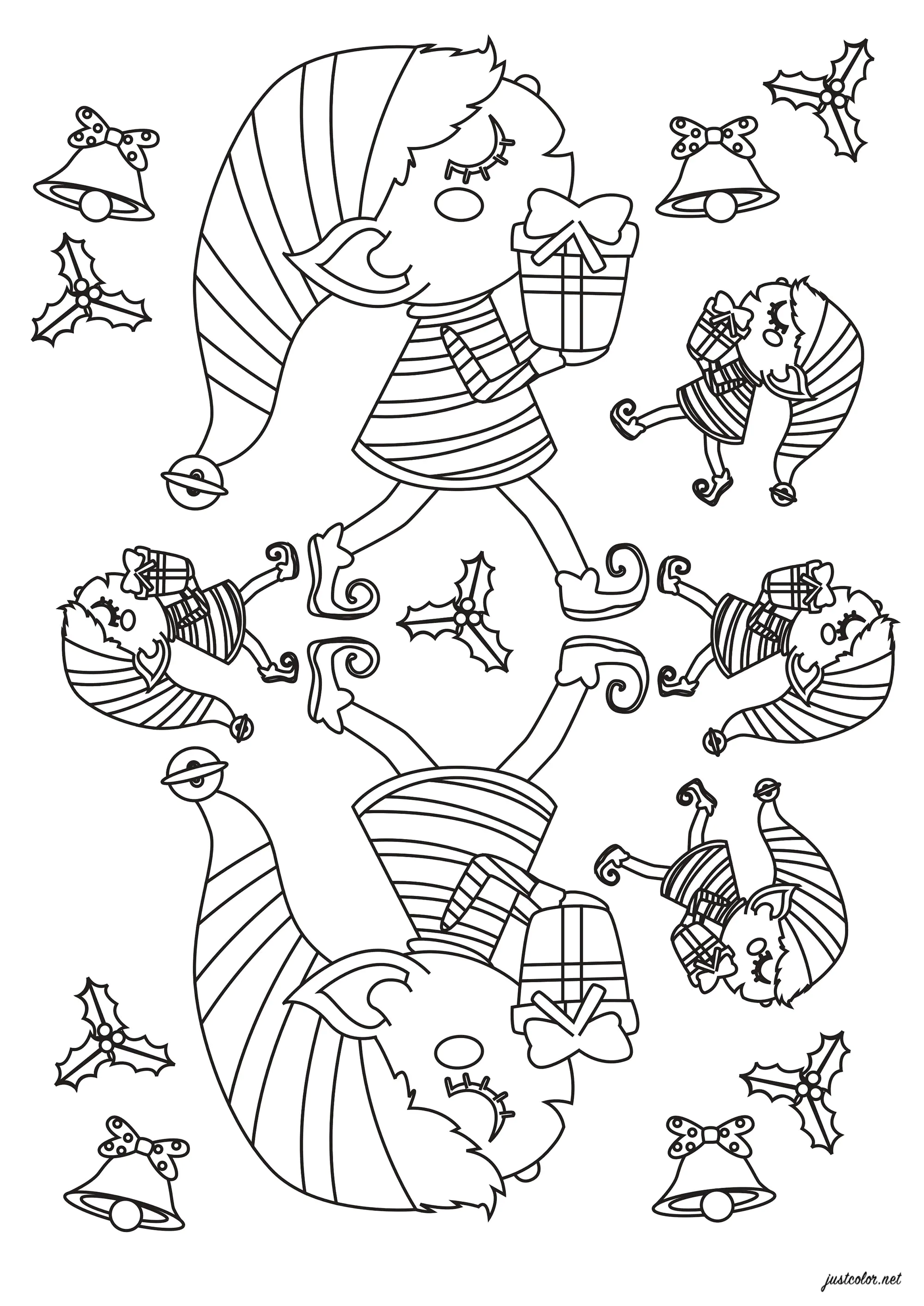 Elfi di Natale con regali (Pagina da Colorare per bambini)