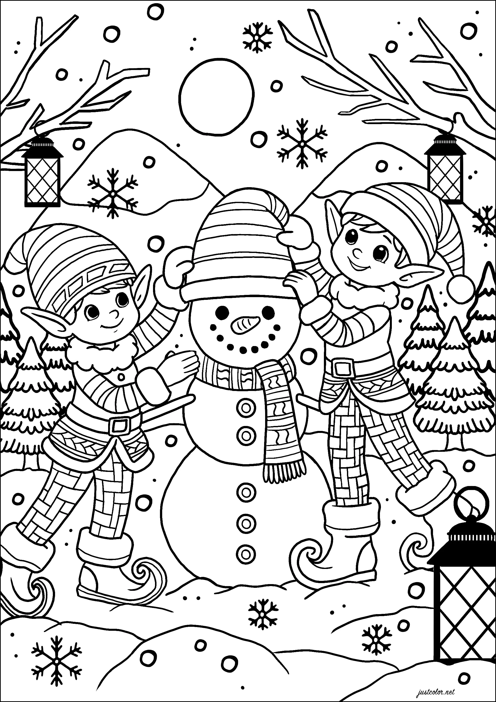 Elfi di Natale che fanno un pupazzo di neve (Pagina Images tagged "pupazzo-di-neve" da Colorare per bambini)