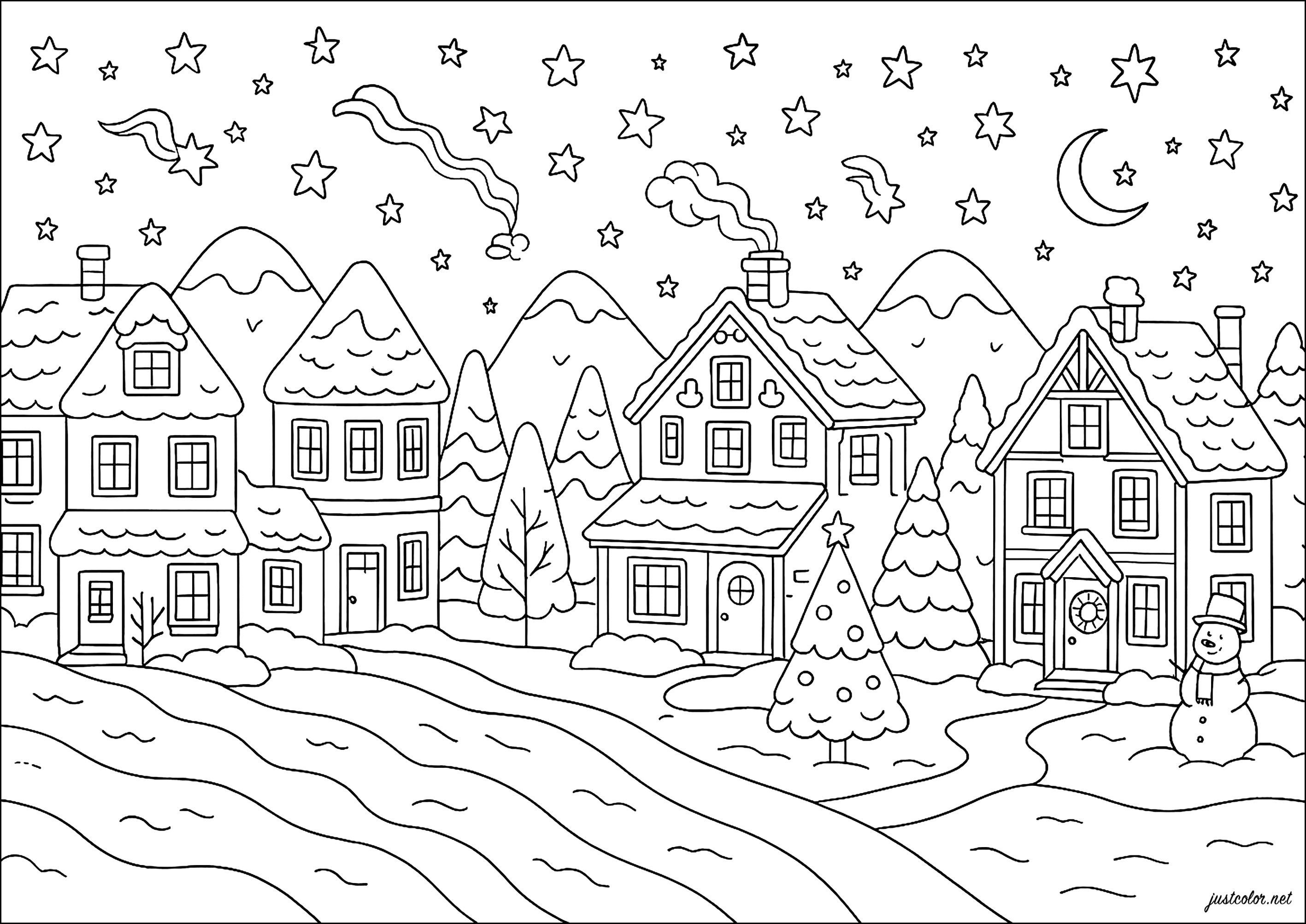 Un magico villaggio di Natale sotto il cielo stellato (Pagina da Colorare per bambini)