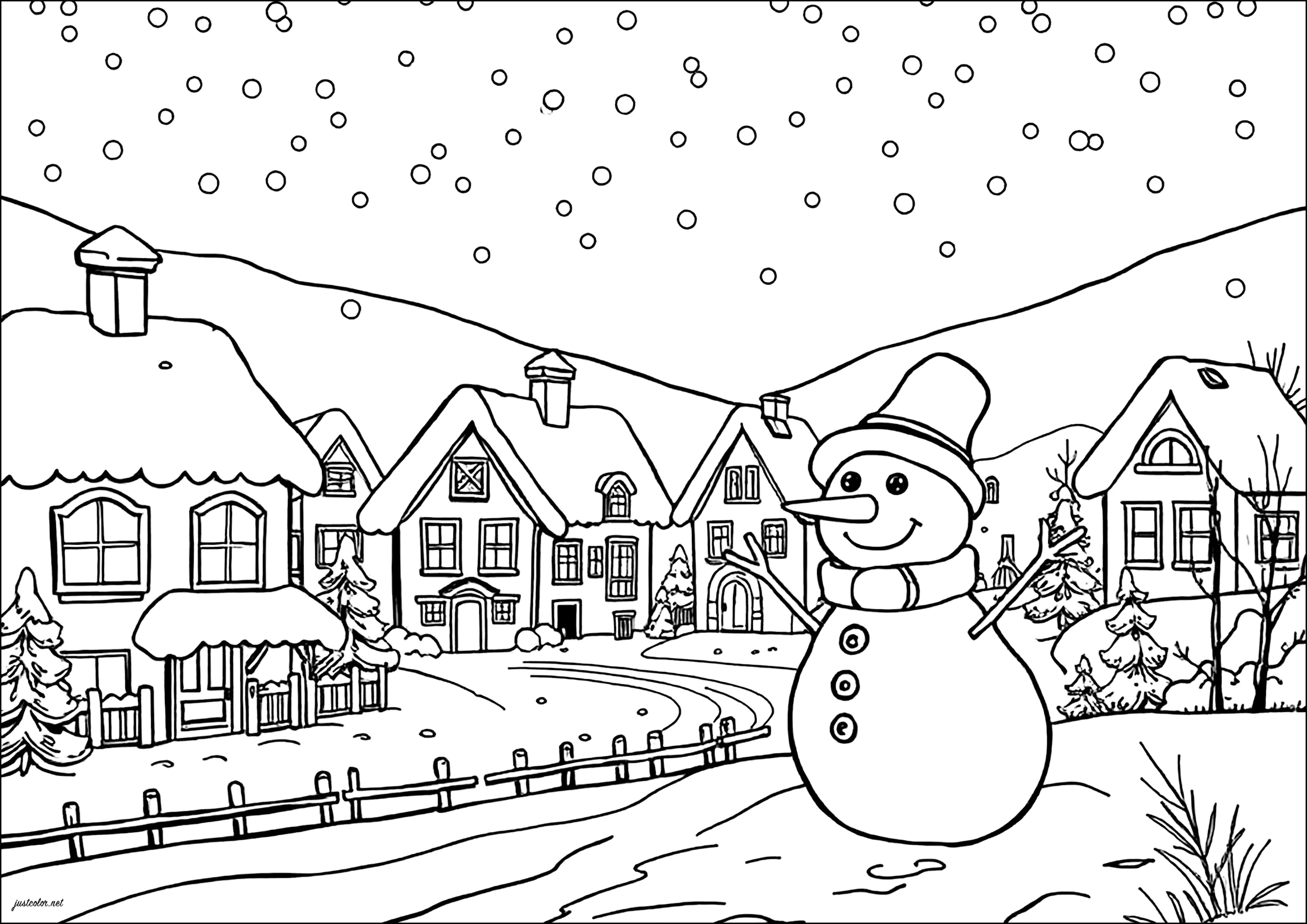 Pupazzo di neve davanti a un villaggio innevato (Pagina Natale da Colorare per bambini)