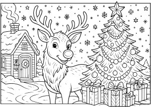 Renna birichina nella foresta incantata (Pagina Natale da Colorare)