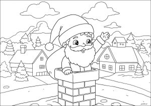 Giovane Babbo Natale che entra in un camino (Pagina da Colorare)