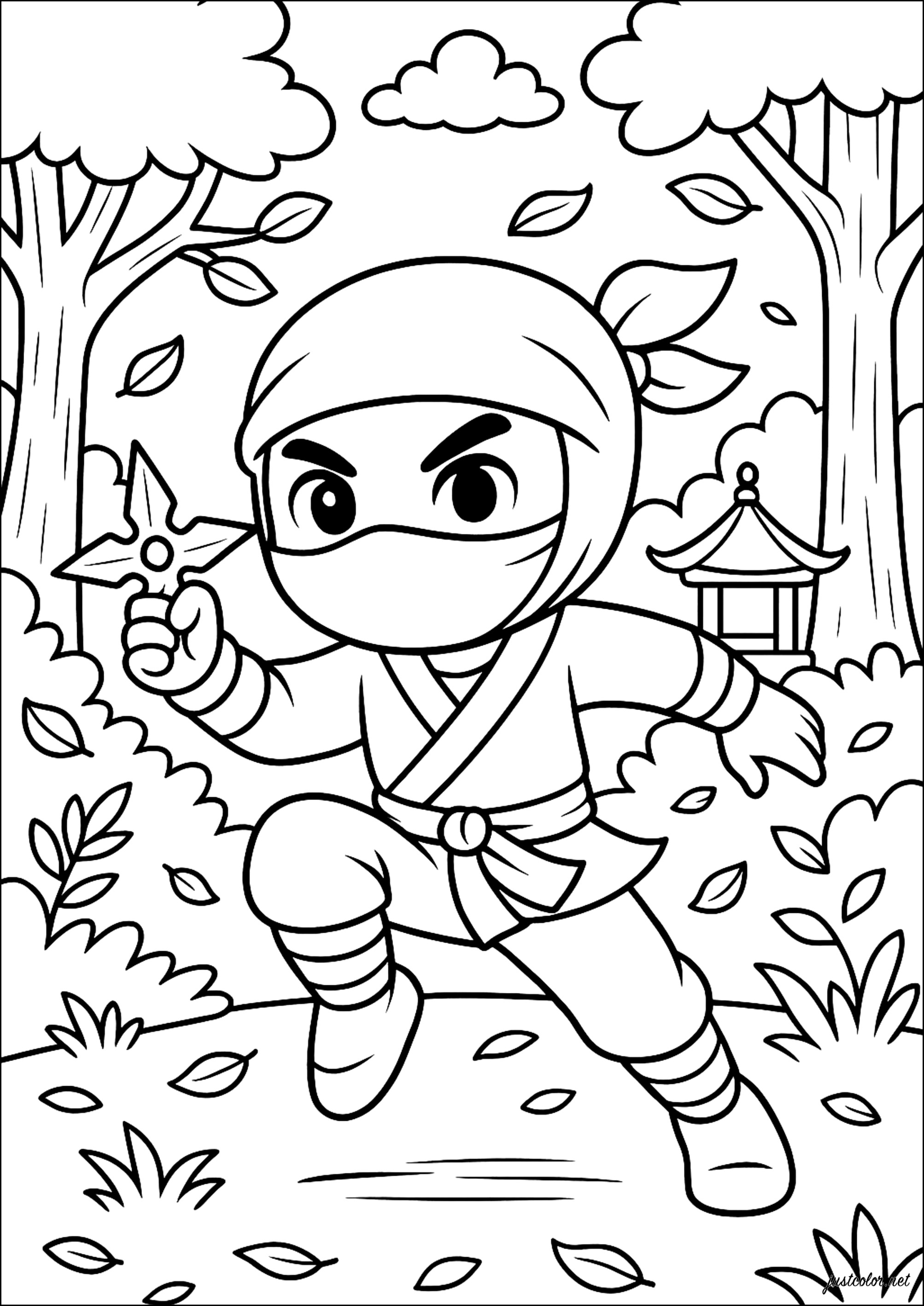 In azione nella foresta (Pagina Ninja da Colorare per bambini)