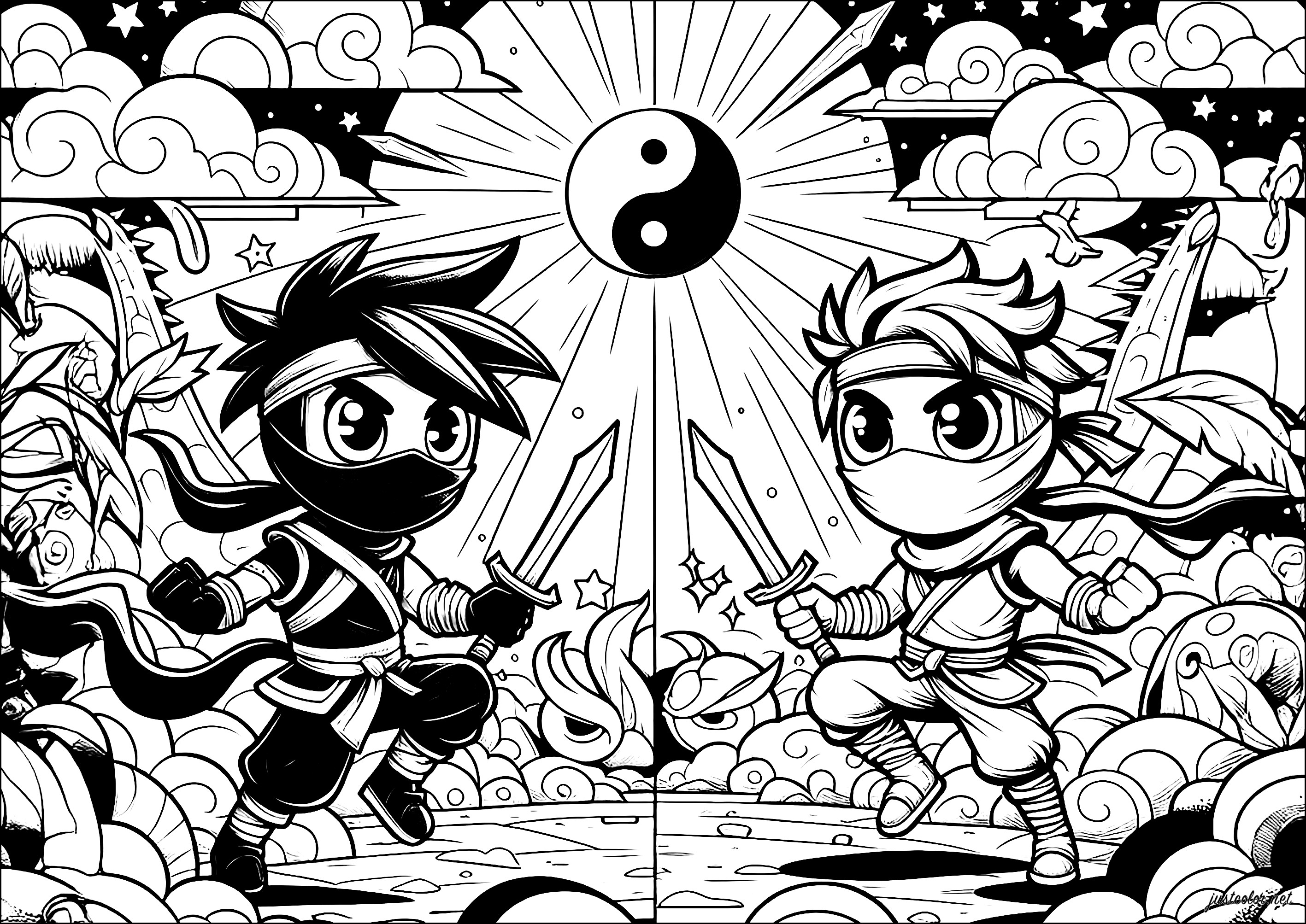 Un epico duello di guerrieri ninja (Pagina da Colorare per bambini)