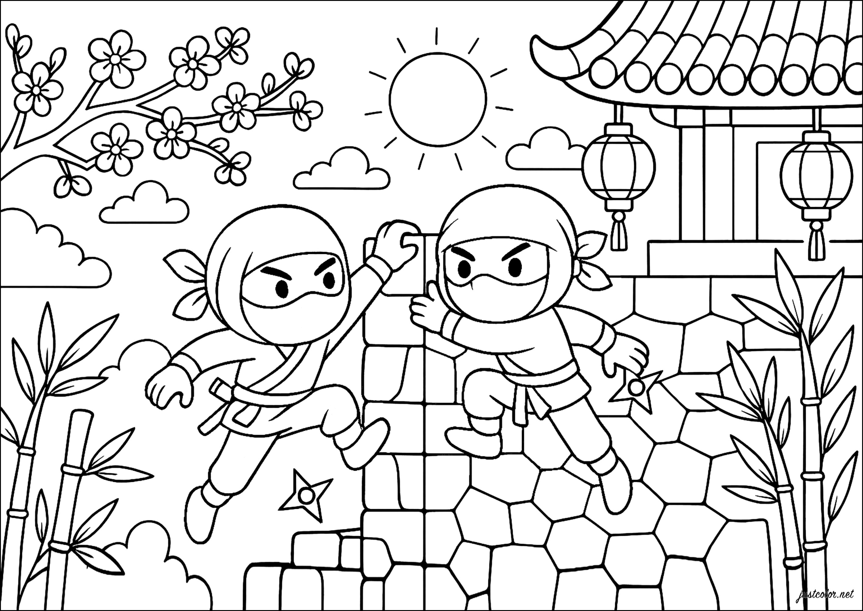 Scontro tra giovani (Pagina Ninja da Colorare per bambini)