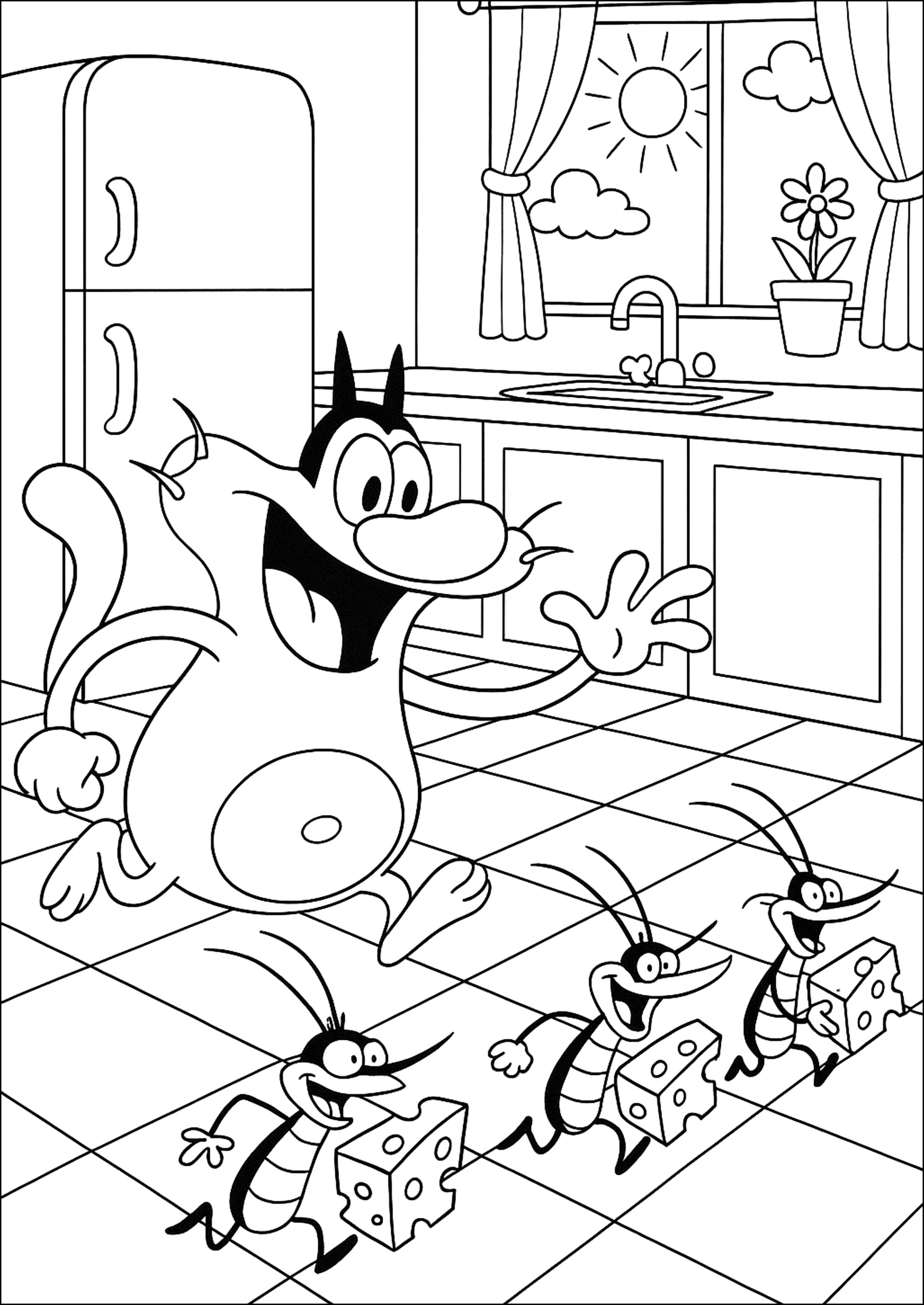 Corsa folle in cucina (Pagina Oggy e i maledetti scarafaggi da Colorare per bambini)