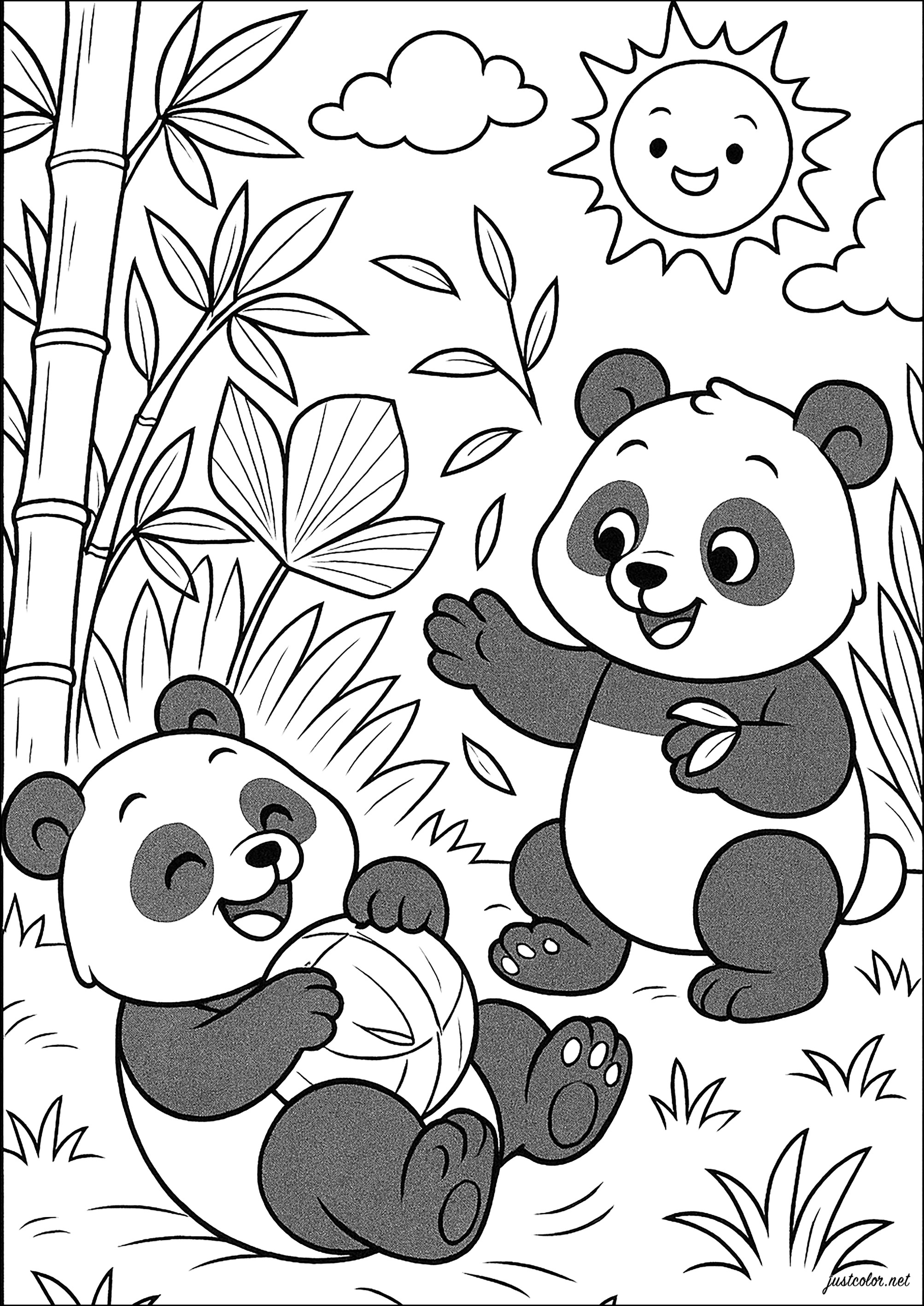 Panda giocatori sotto il sole splendente (Pagina da Colorare per bambini)