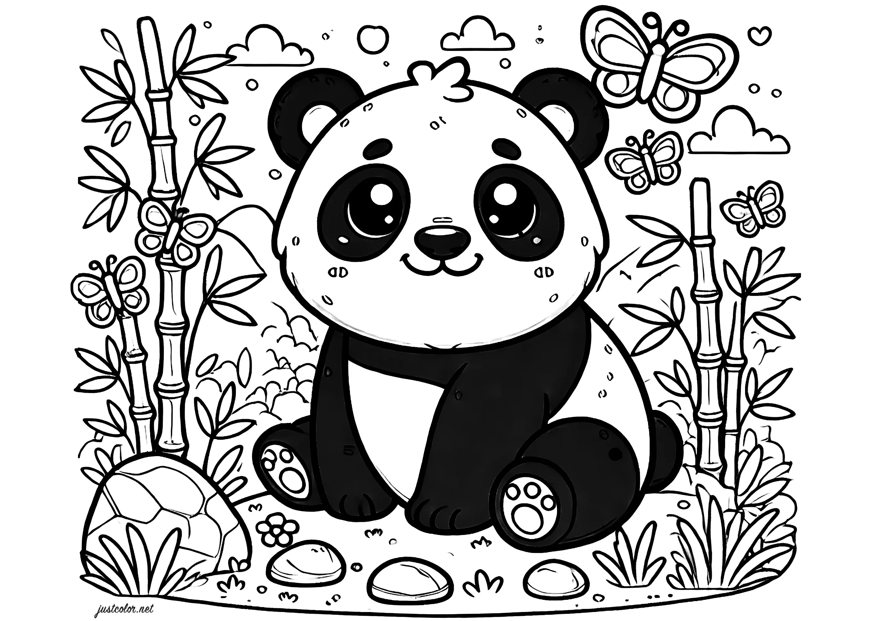 Un simpatico panda circondato da bambù (Pagina da Colorare per bambini)