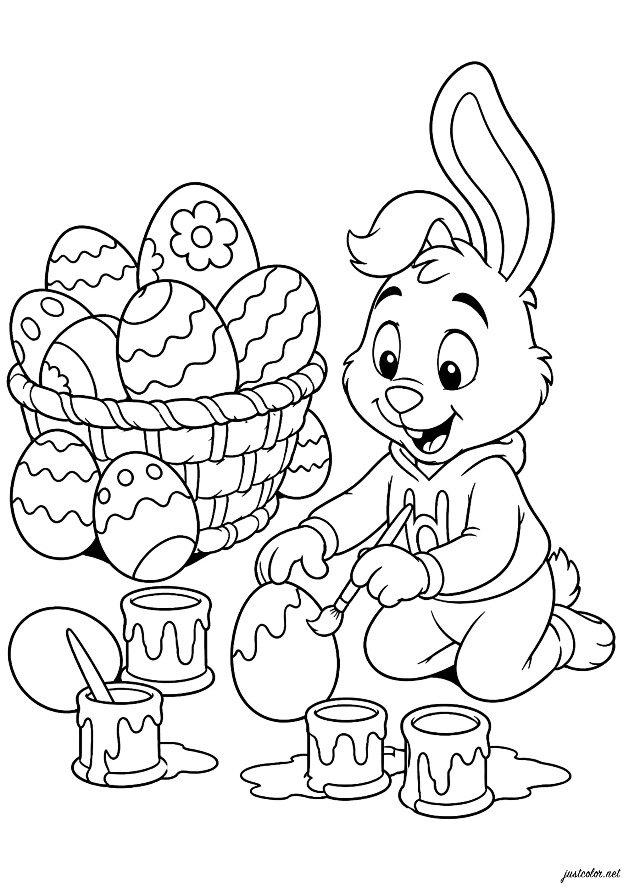 Coniglio allegro e uova decorate (Pagina Pasqua da Colorare per bambini)