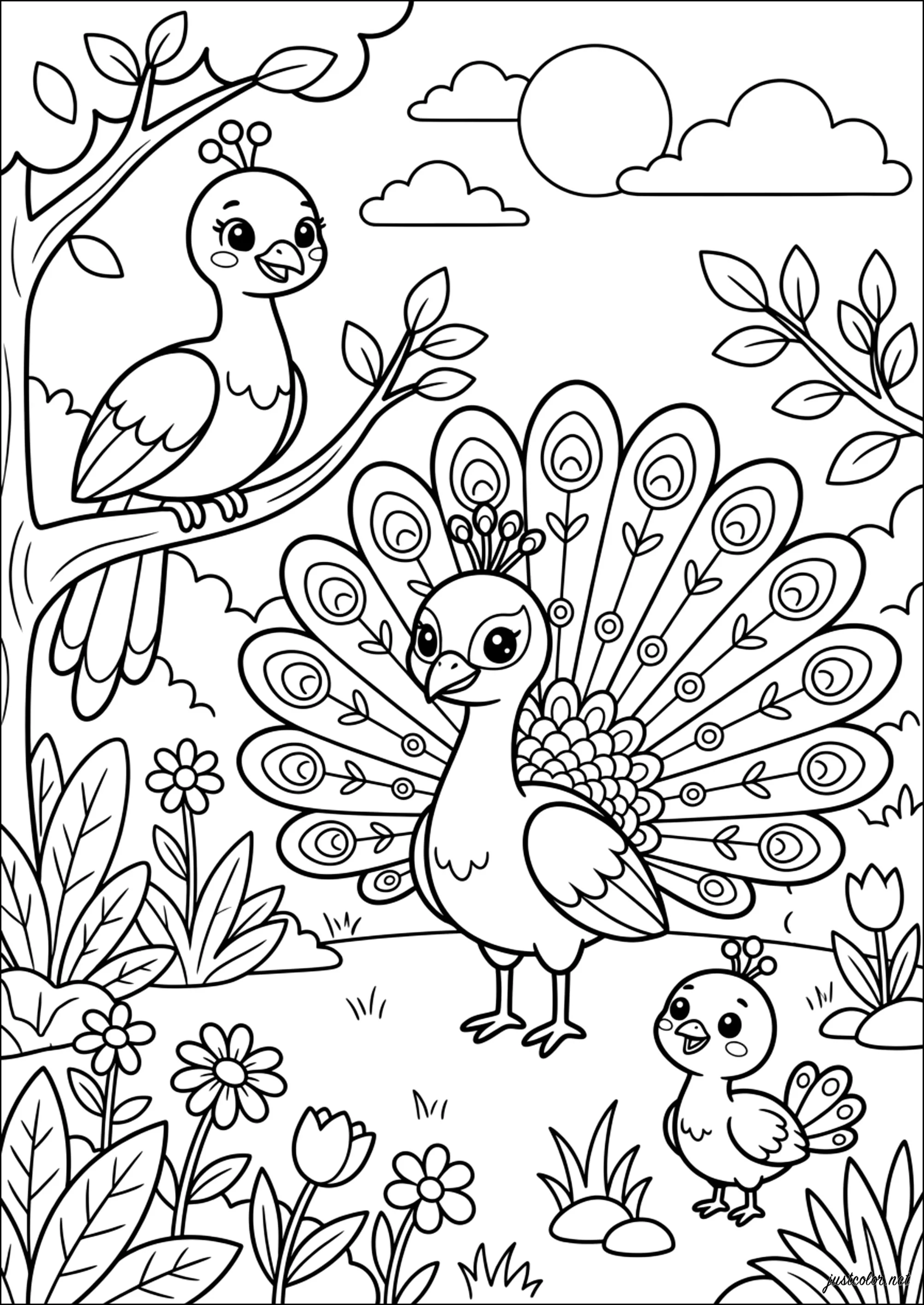 Il Re del giardino e la sua corte (Pagina Pavoni da Colorare per bambini)