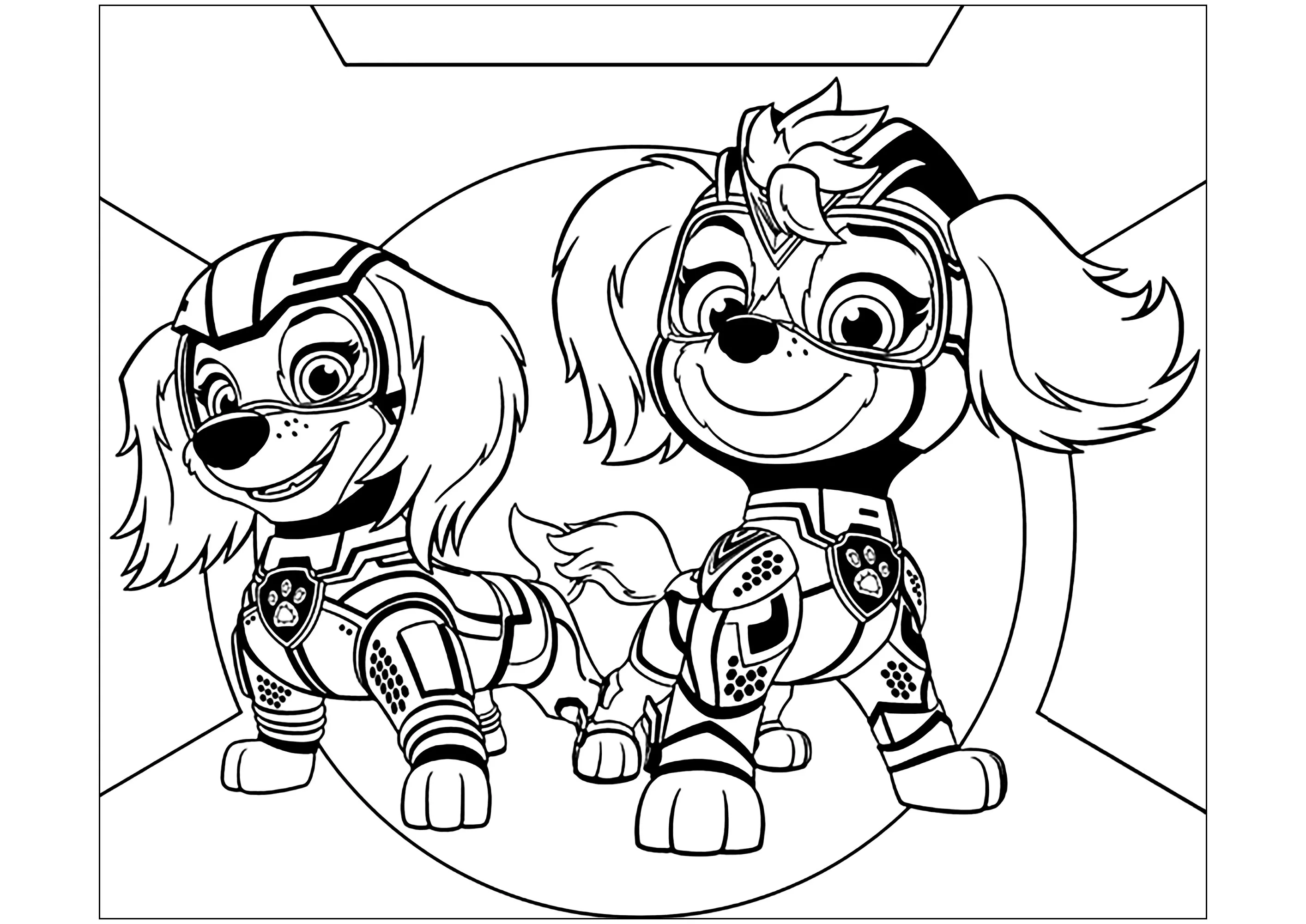 Due cuccioli supereroi (Pagina Paw Patrol: Mighty Pups da Colorare per bambini)