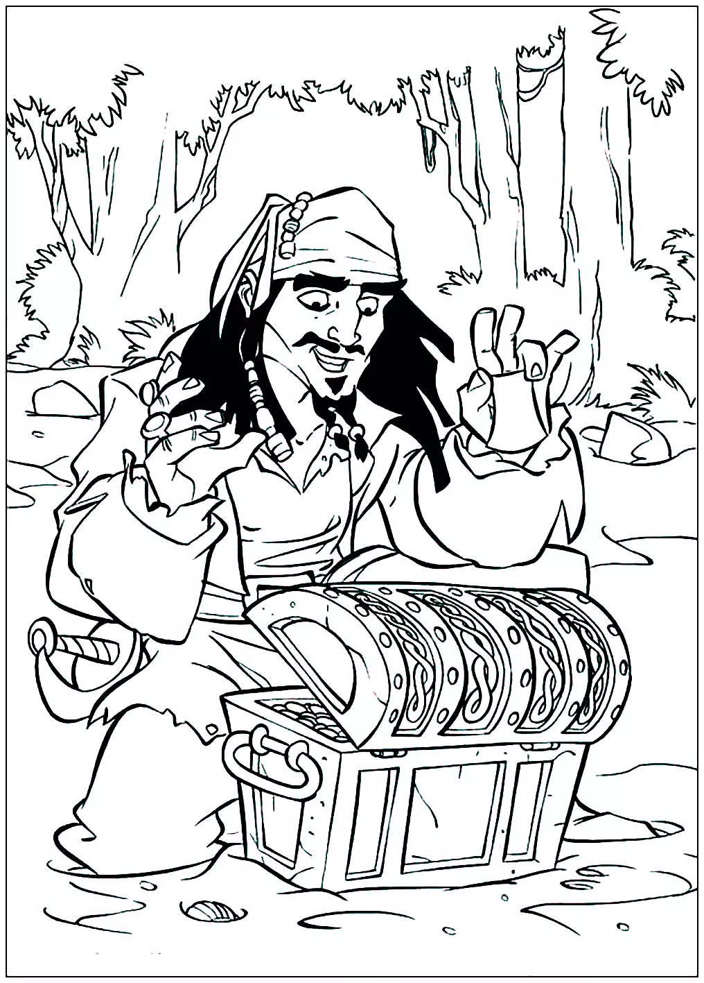 Jack Sparrow e il suo tesoro. (Pagina Pirati dei Caraibi da Colorare per bambini)