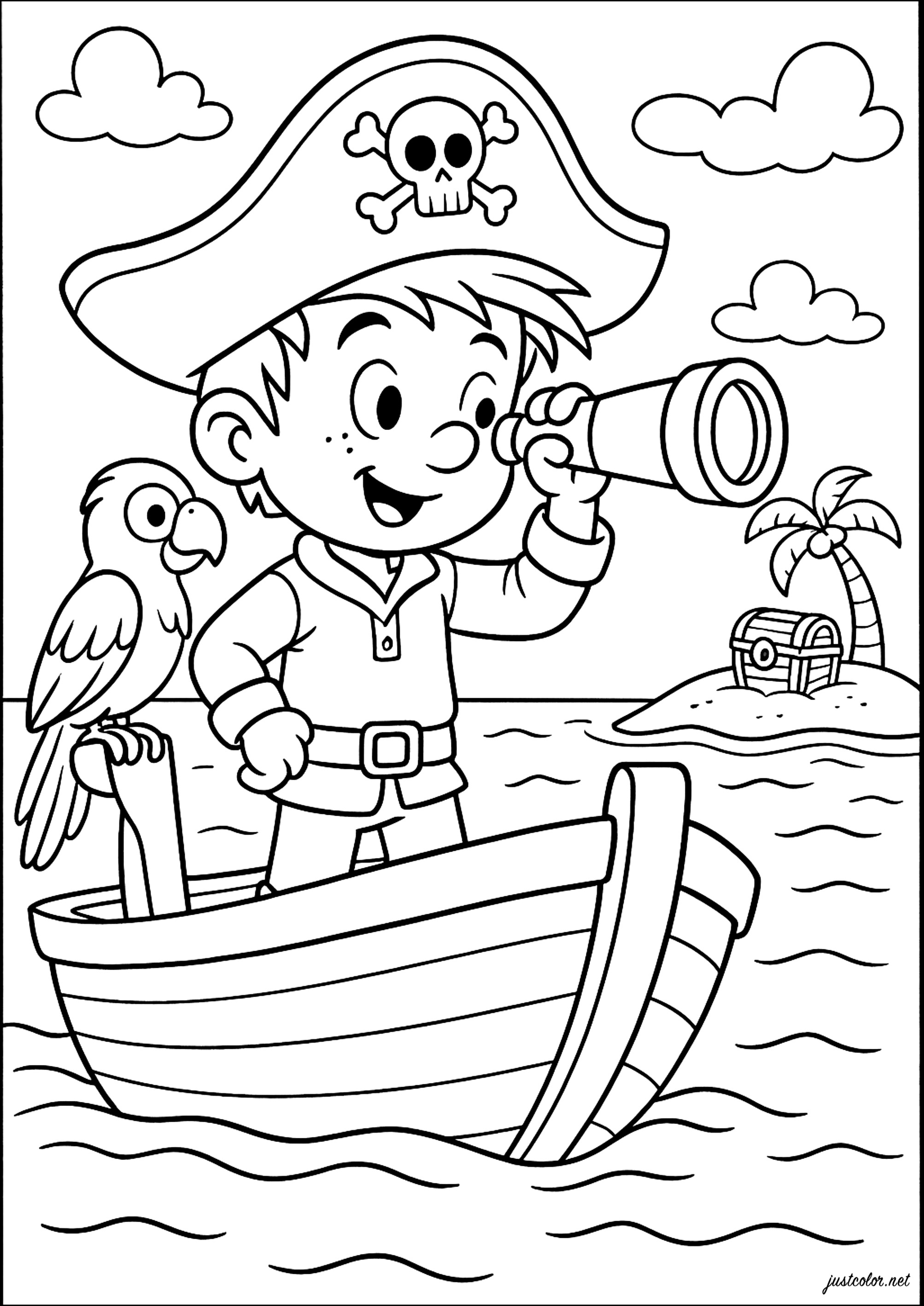 Giovane pirata e il suo pappagallo (Pagina Pirati da Colorare per bambini)