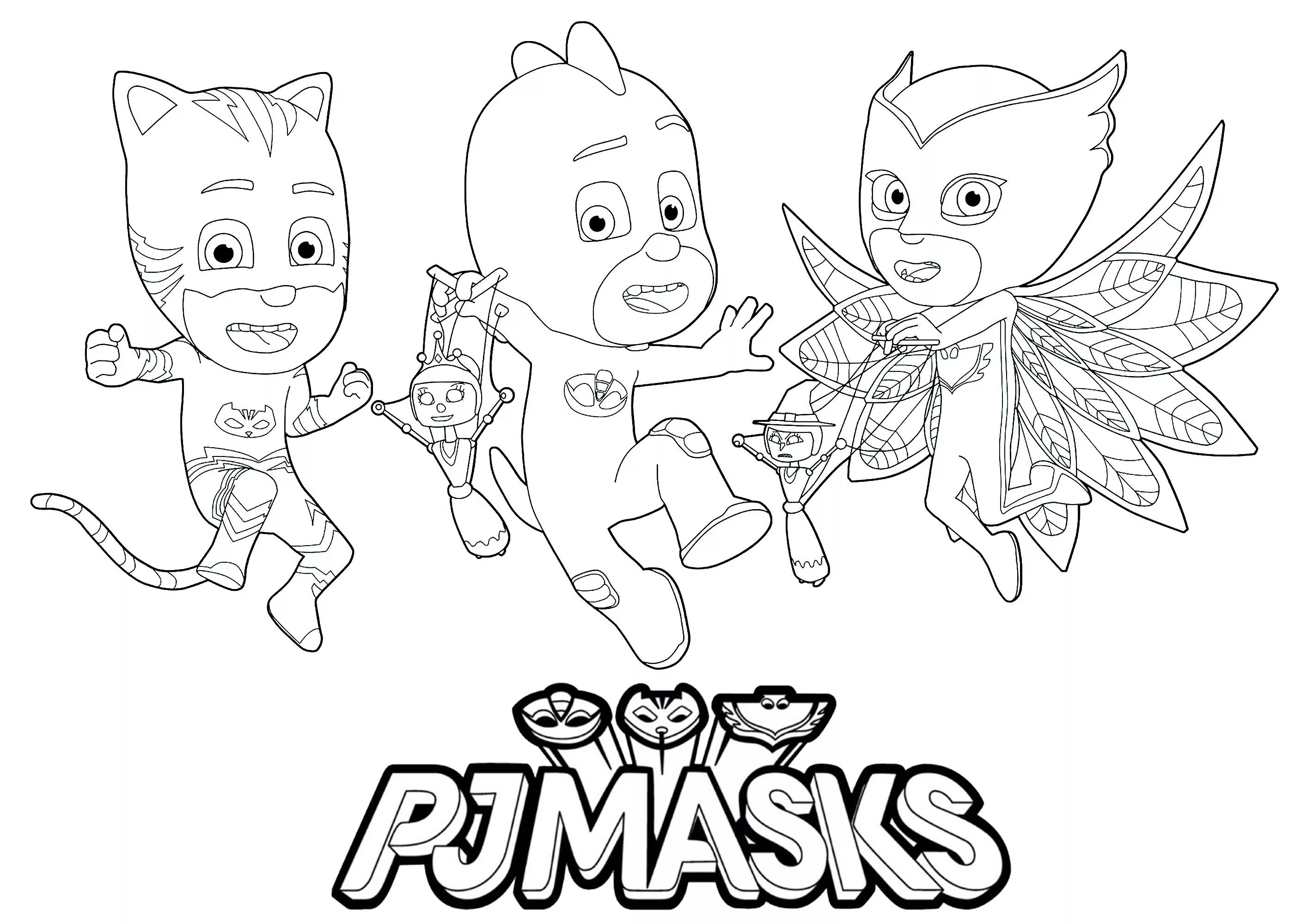 Pyjamasques (PJ Masks): Logo e 3 personaggi (Pagina da Colorare per bambini)