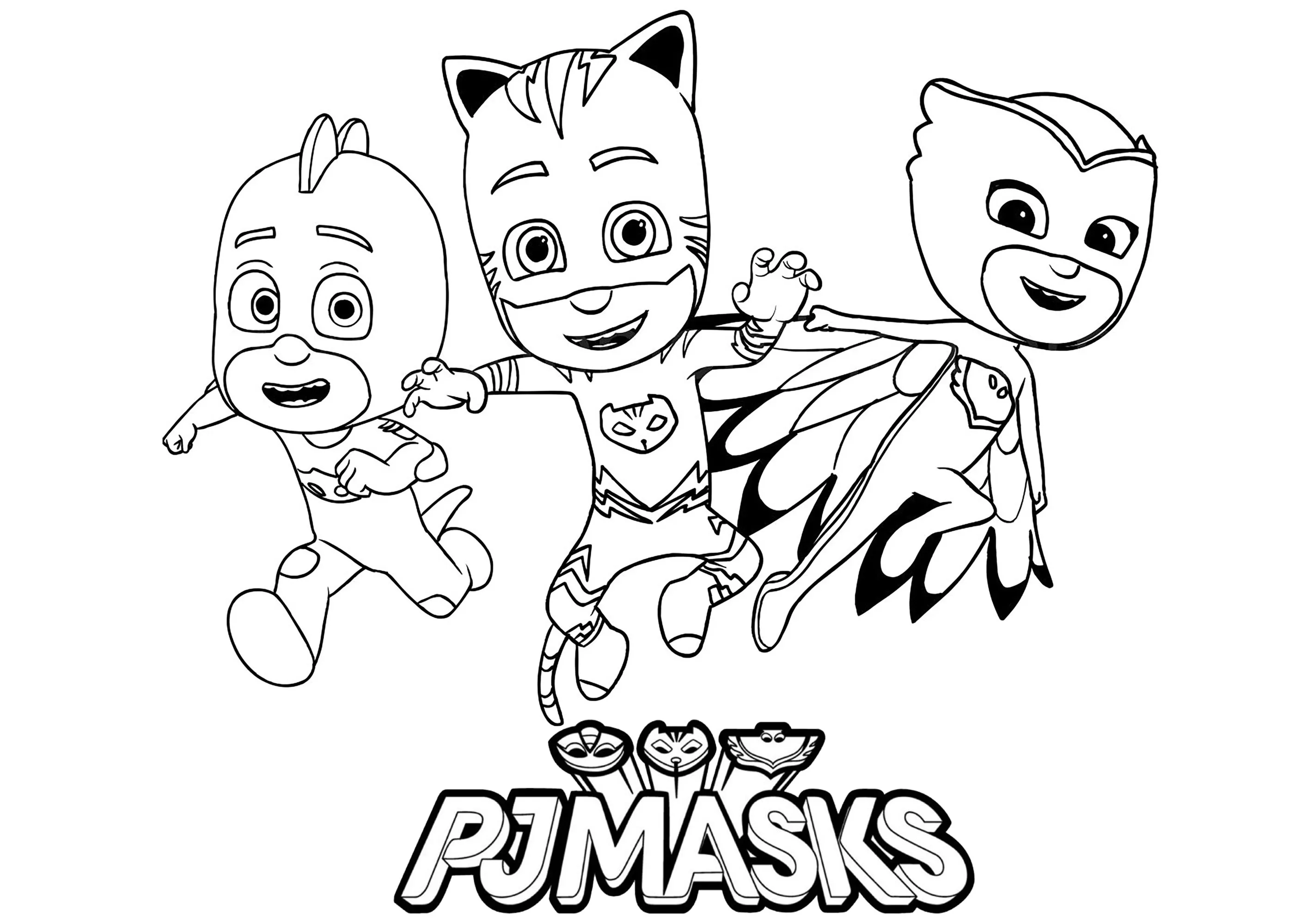 I tre eroi (Catboy, Owlette e Gekko) di PJ Masks - Super Pigiamini. (Pagina da Colorare per bambini)