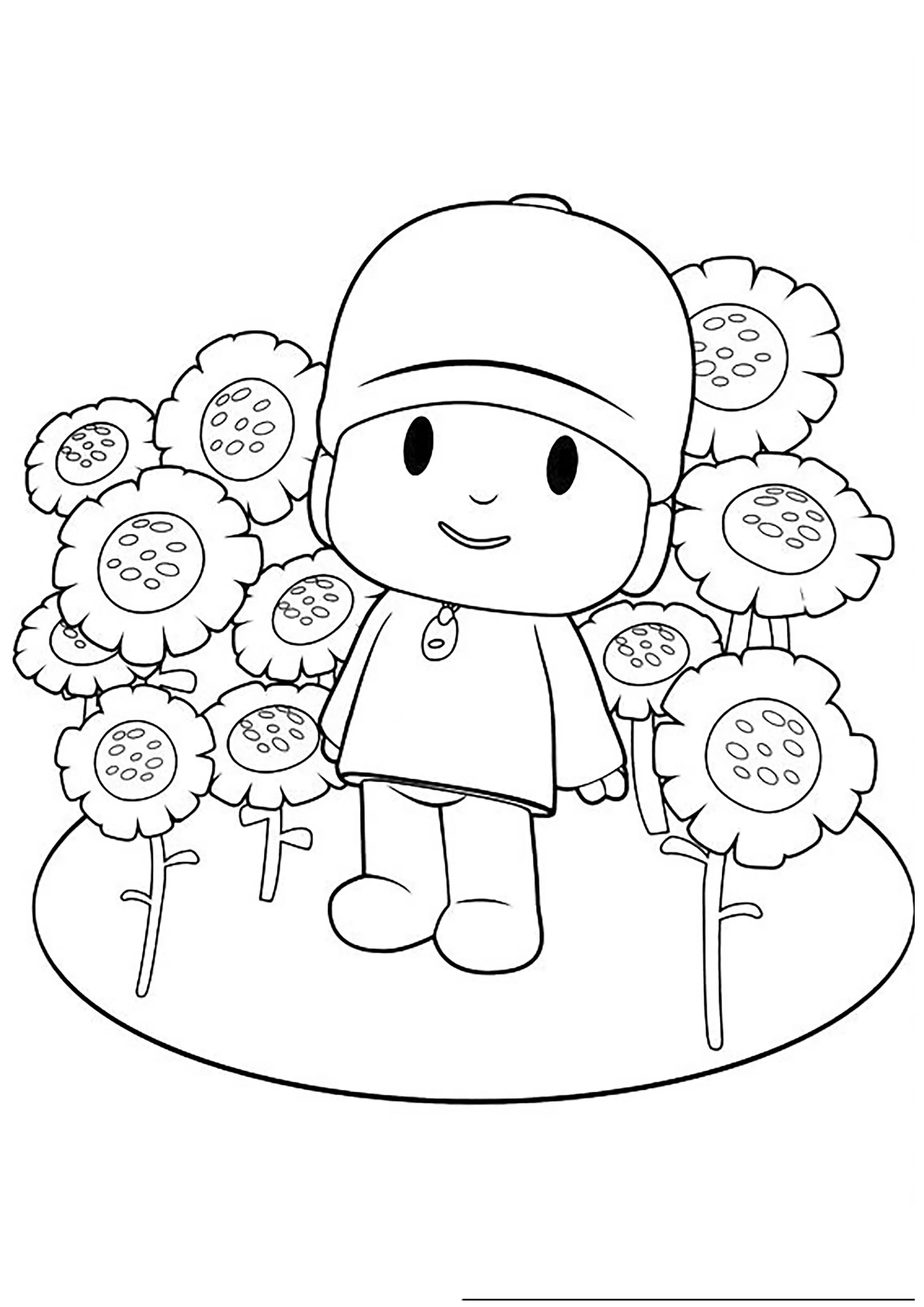 Pocoyo con bellissimi fiori (Pagina da Colorare per bambini)