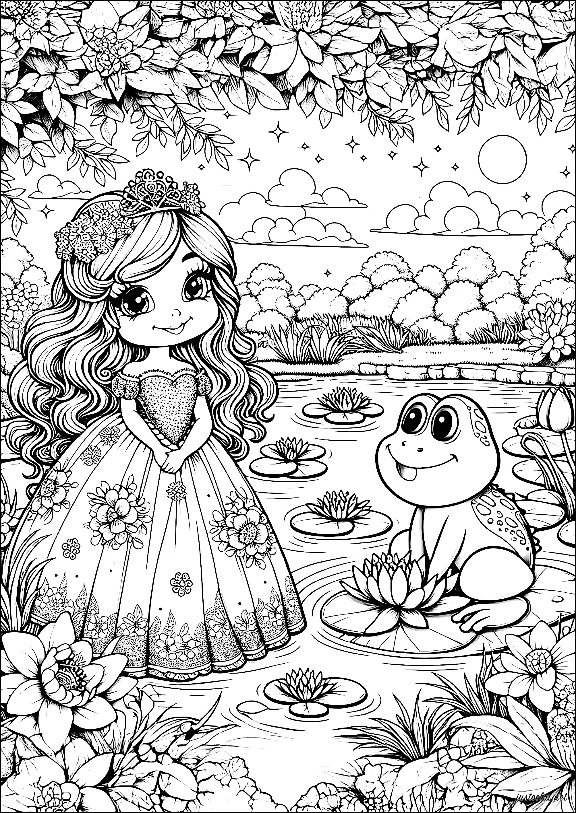 Principessa e rana in riva al mare (Pagina Principesse da Colorare per bambini)