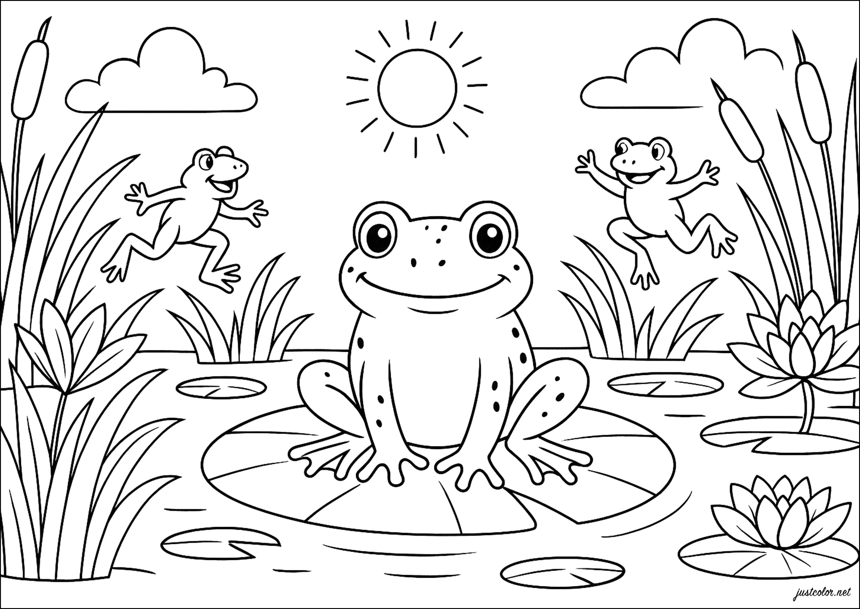 Rane sull'orlo dello stagno (Pagina da Colorare per bambini)