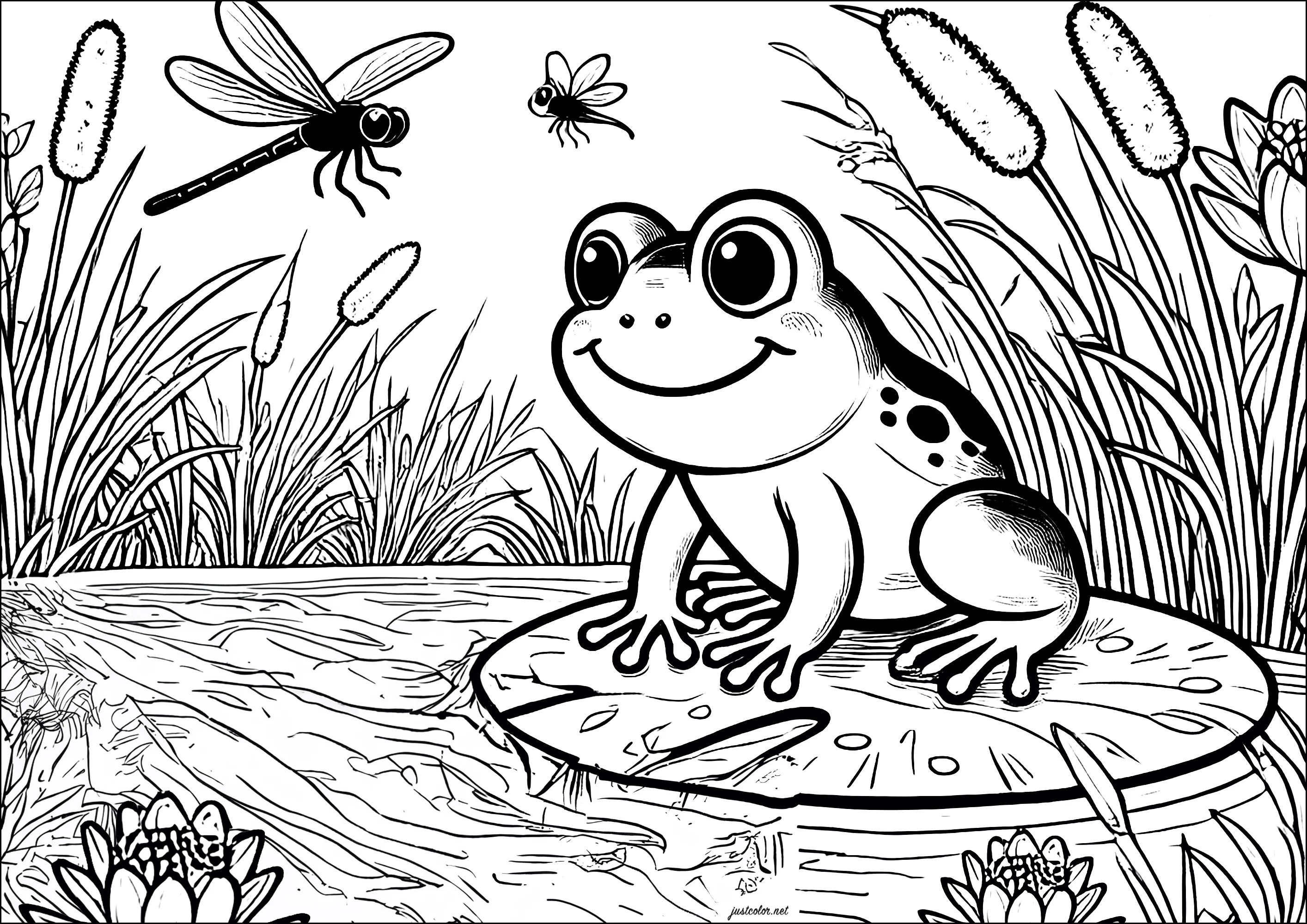 Rana su ninfea e libellula in volo (Pagina Rane da Colorare per bambini)