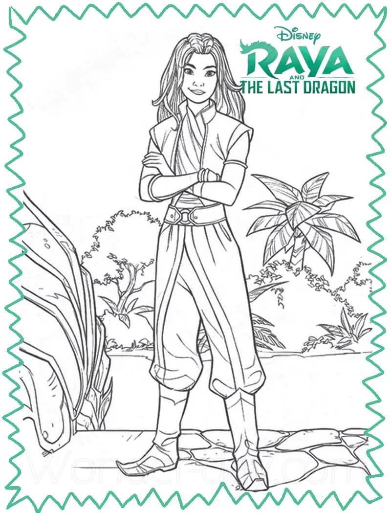 Colorazione di Raya con molti dettagli (Pagina Raya e lUltimo Drago da Colorare per bambini)