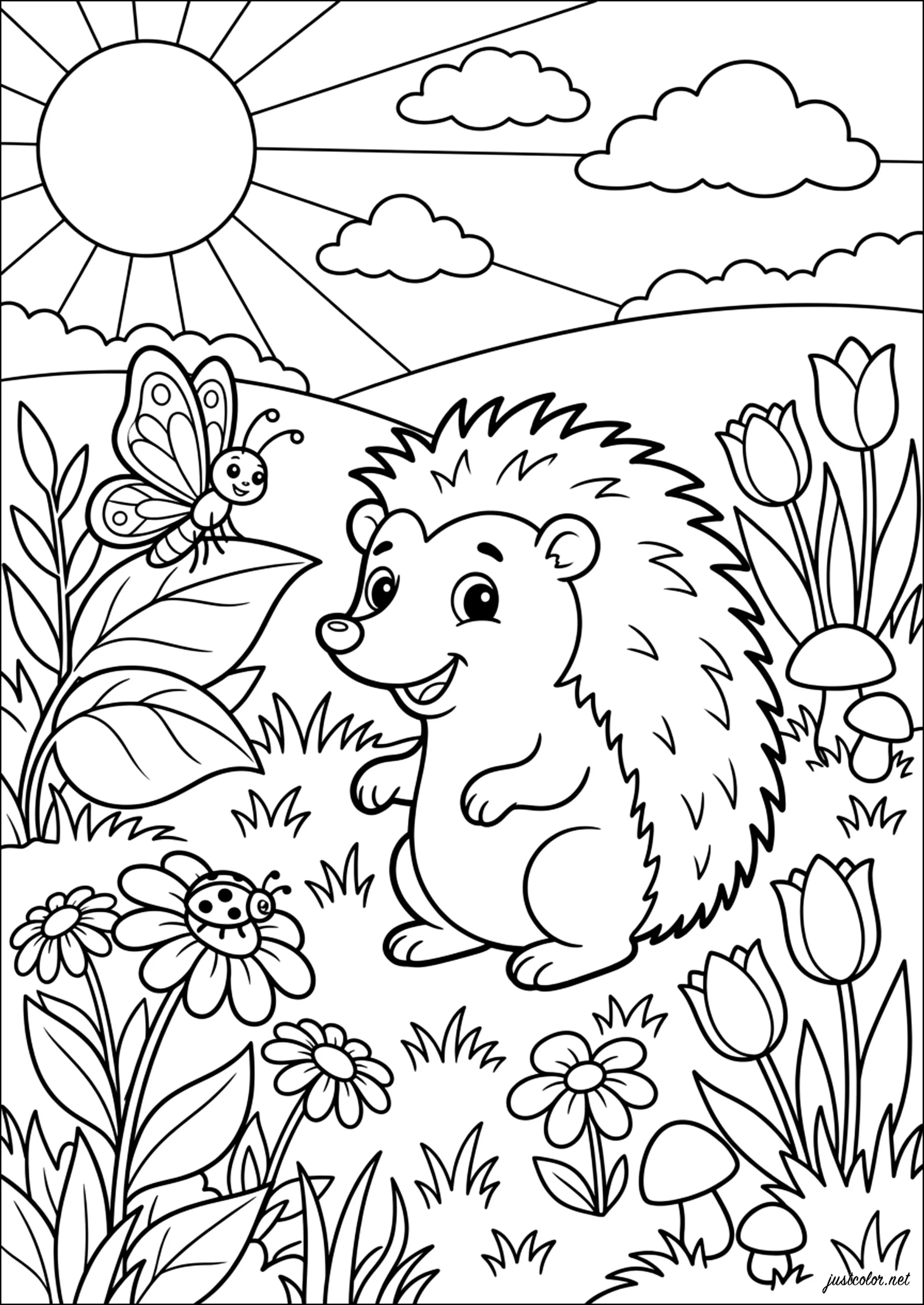 Un Riccio gioioso nel giardino (Pagina da Colorare per bambini)