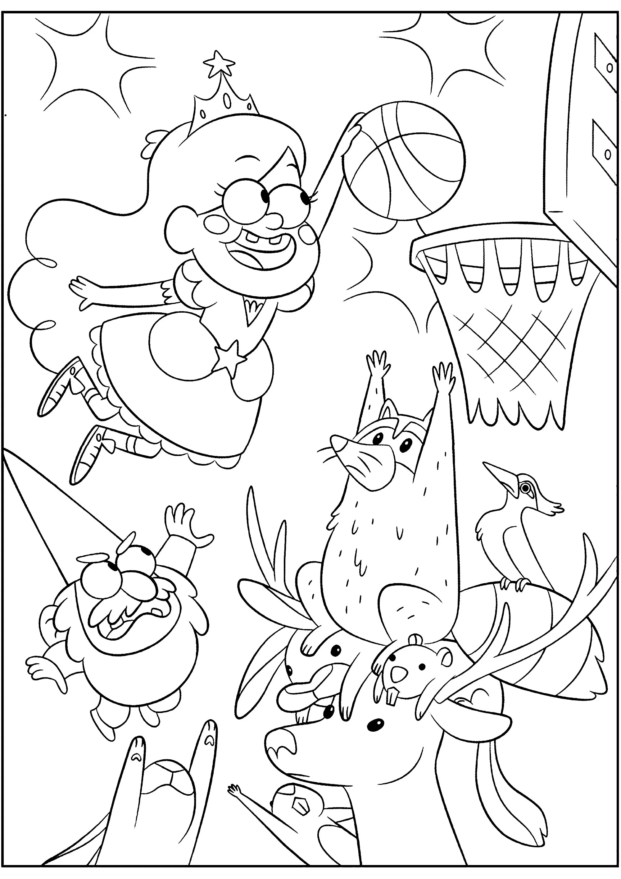 Mabel gioca a basket. (Pagina Ricordi di Gravity Falls da Colorare per bambini)
