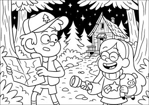 Avventura misteriosa con Dipper e Mabel (Pagina Ricordi di Gravity Falls da Colorare)
