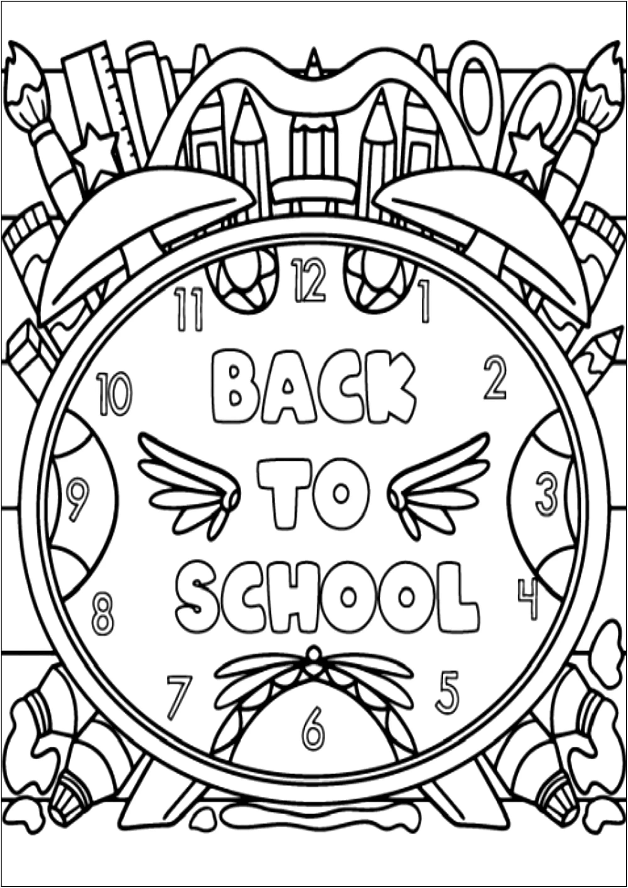 Ritorno a scuola: Orologio (Pagina da Colorare per bambini)