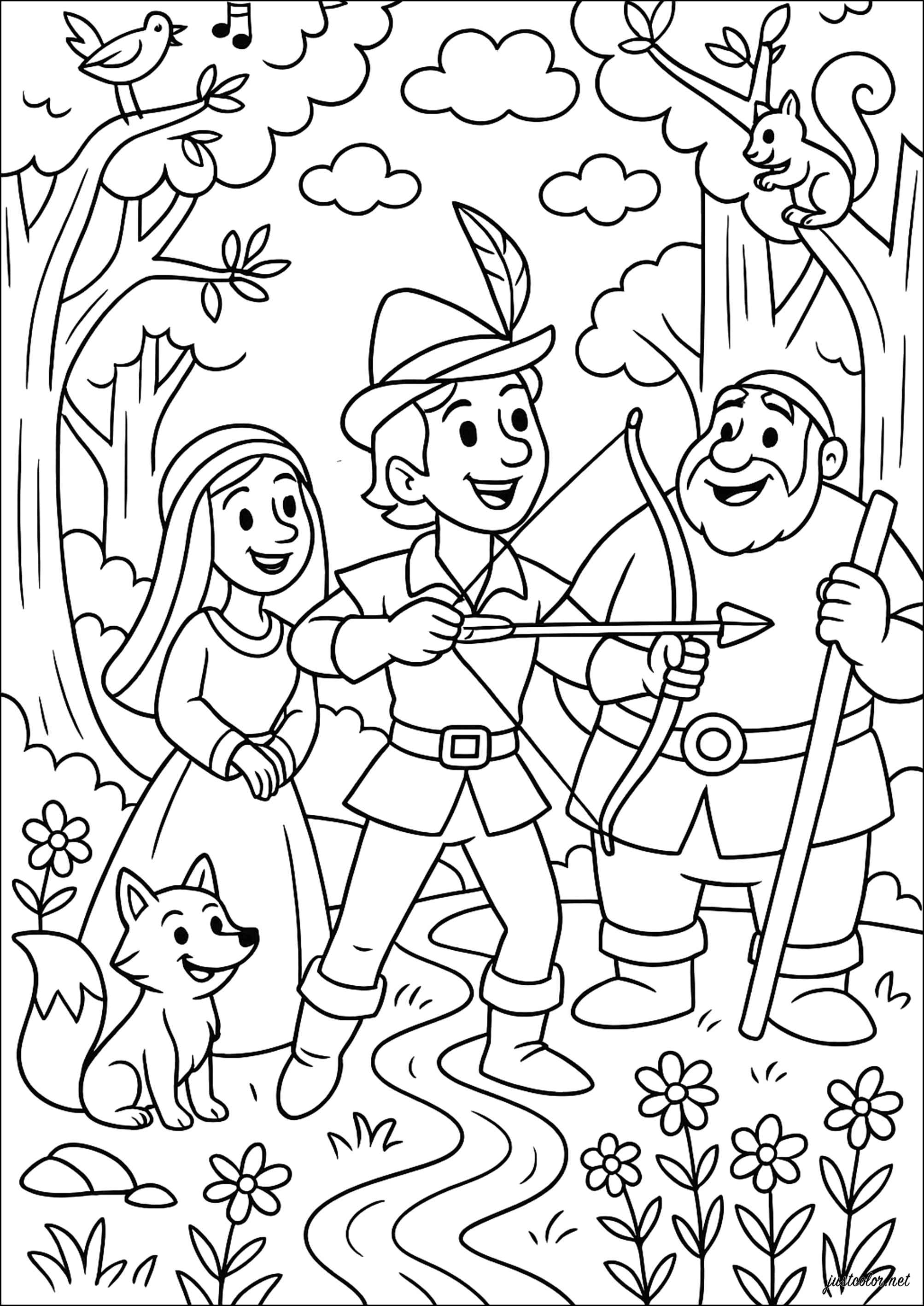 Robin Hood e i suoi compagni nella foresta (Pagina da Colorare per bambini)