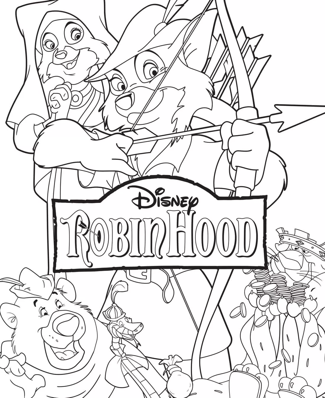 Tutti i personaggi di Robin Hood (Pagina da Colorare per bambini)