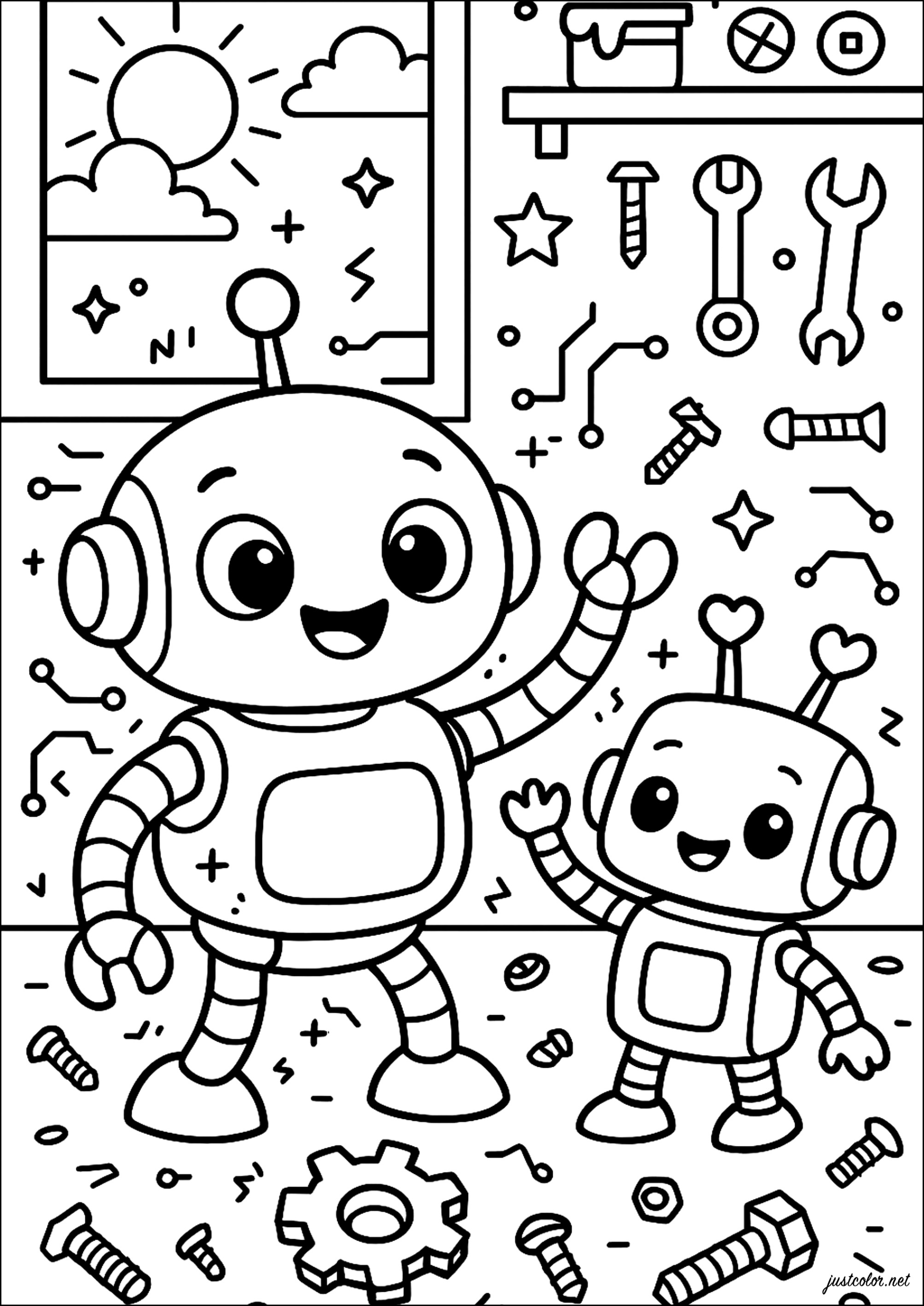 Due robot in garage (Pagina da Colorare per bambini)