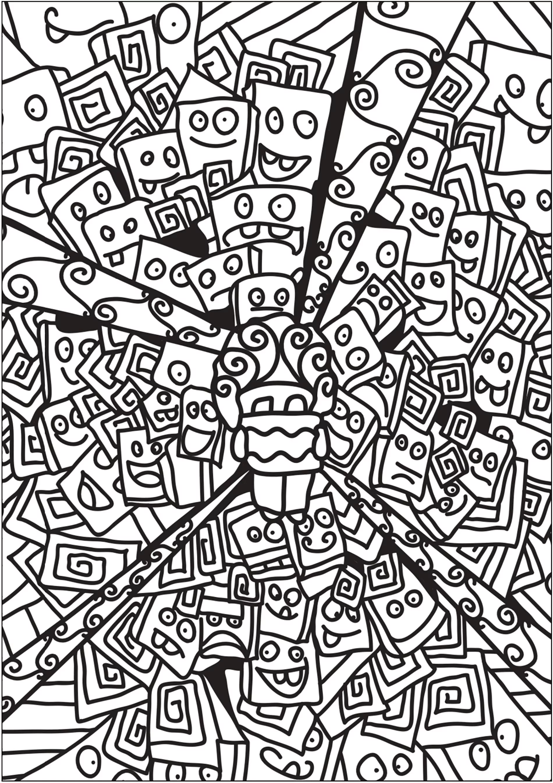 Doodle di disegno con molte teste di robot. (Pagina da Colorare per bambini)