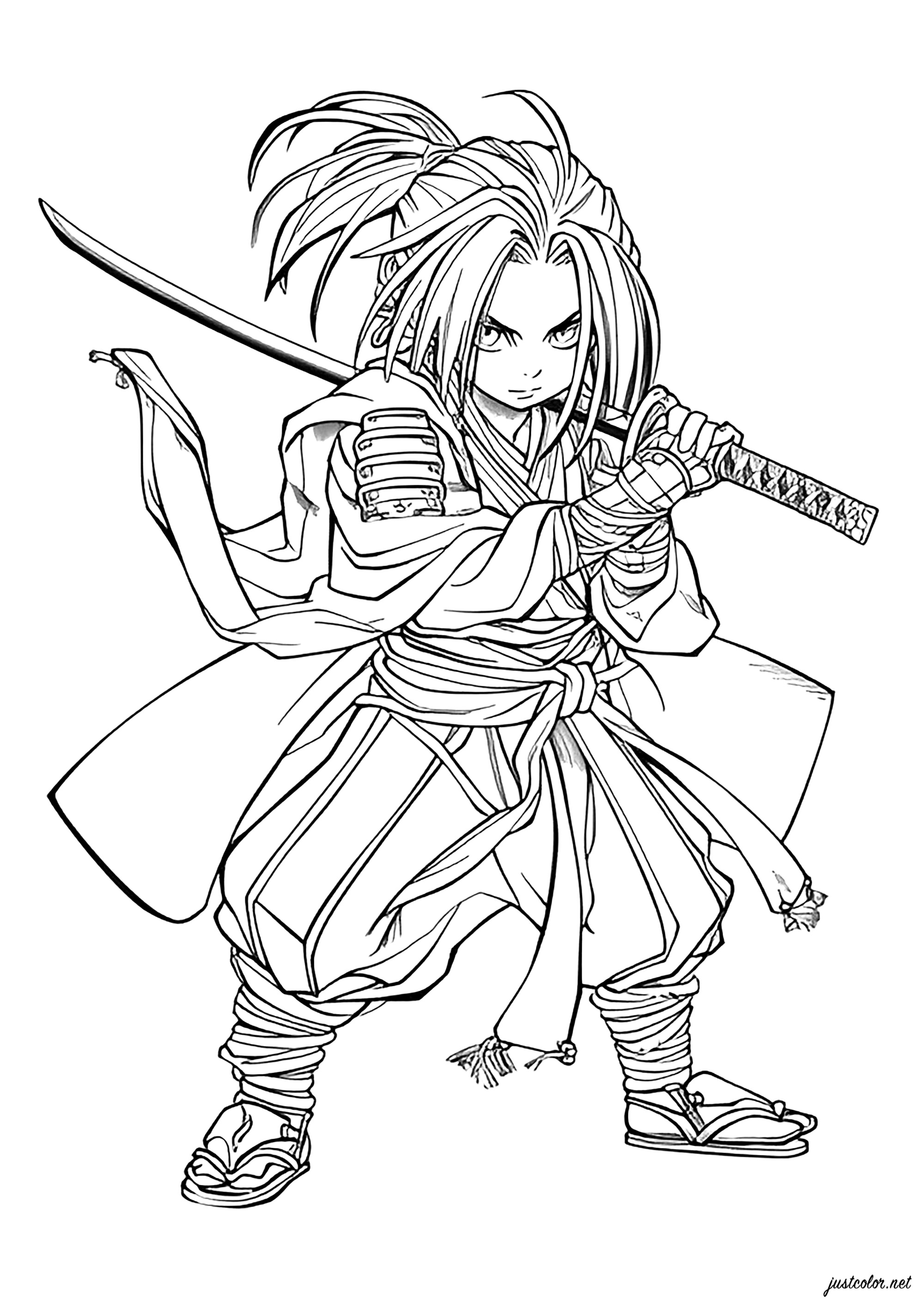 Guerriero samurai dai capelli fluttuanti - Pagine Samurai da Colorare, image size:2000x2828