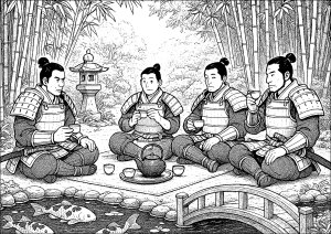 I samurai si riposano in riva al mare (Pagina da Colorare)