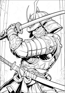 Guerriero samurai nella foresta (Pagina da Colorare)