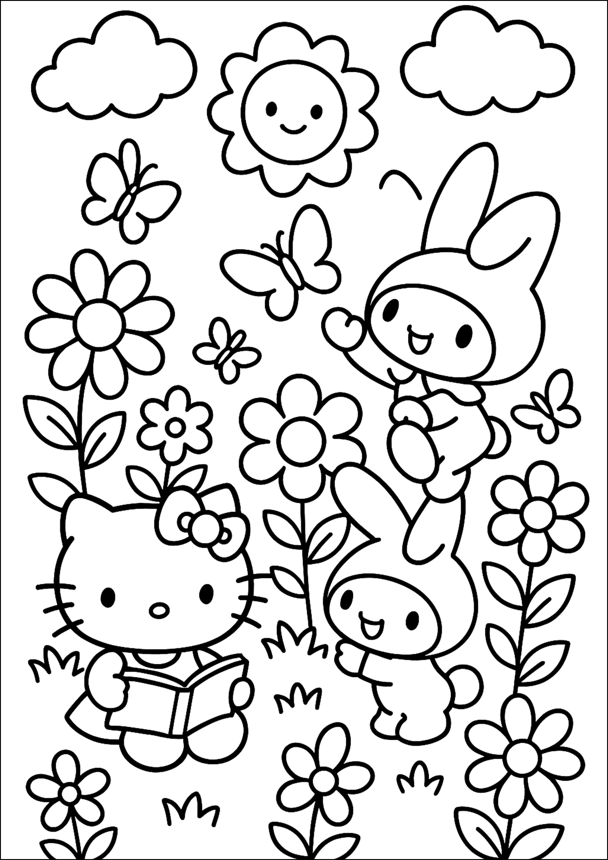 Amici gioiosi in un giardino fiorito (Pagina Sanrio da Colorare per bambini)