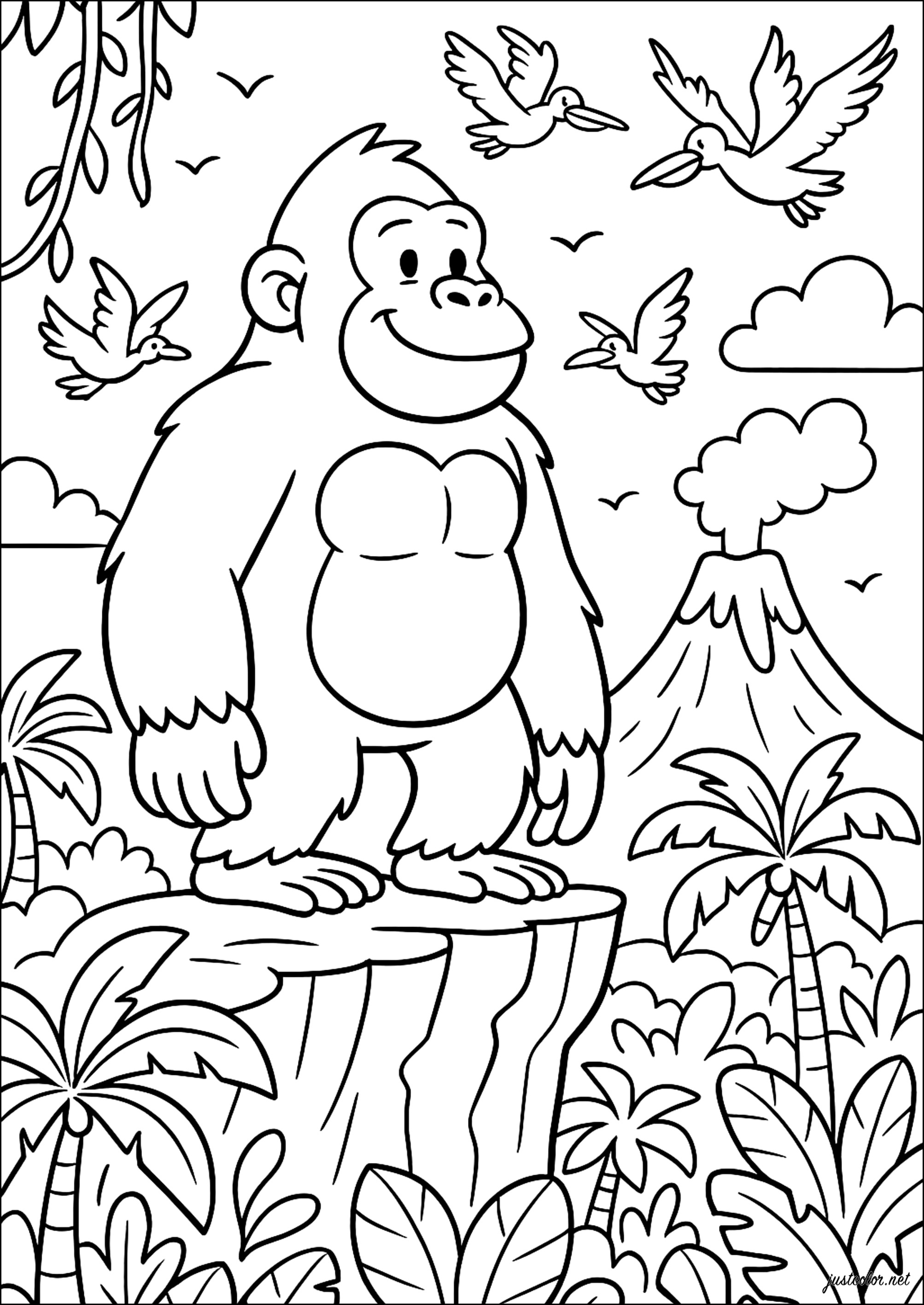 Gorilla sulla sua roccia (Pagina Scimmie da Colorare per bambini)