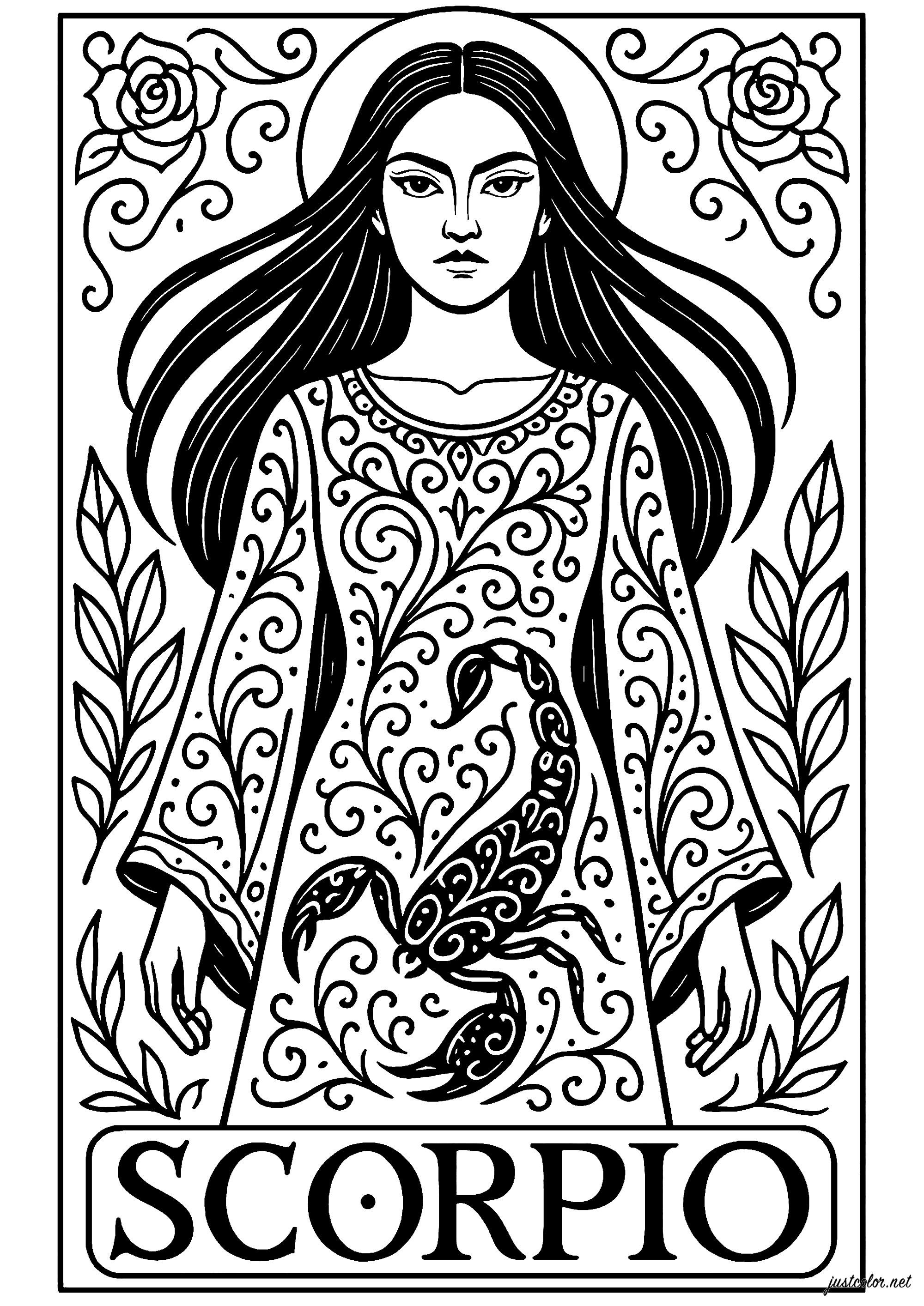 Segno dello Scorpione (Scorpione) rappresentato da una donna (Pagina Segni Zodiacali da Colorare per bambini)