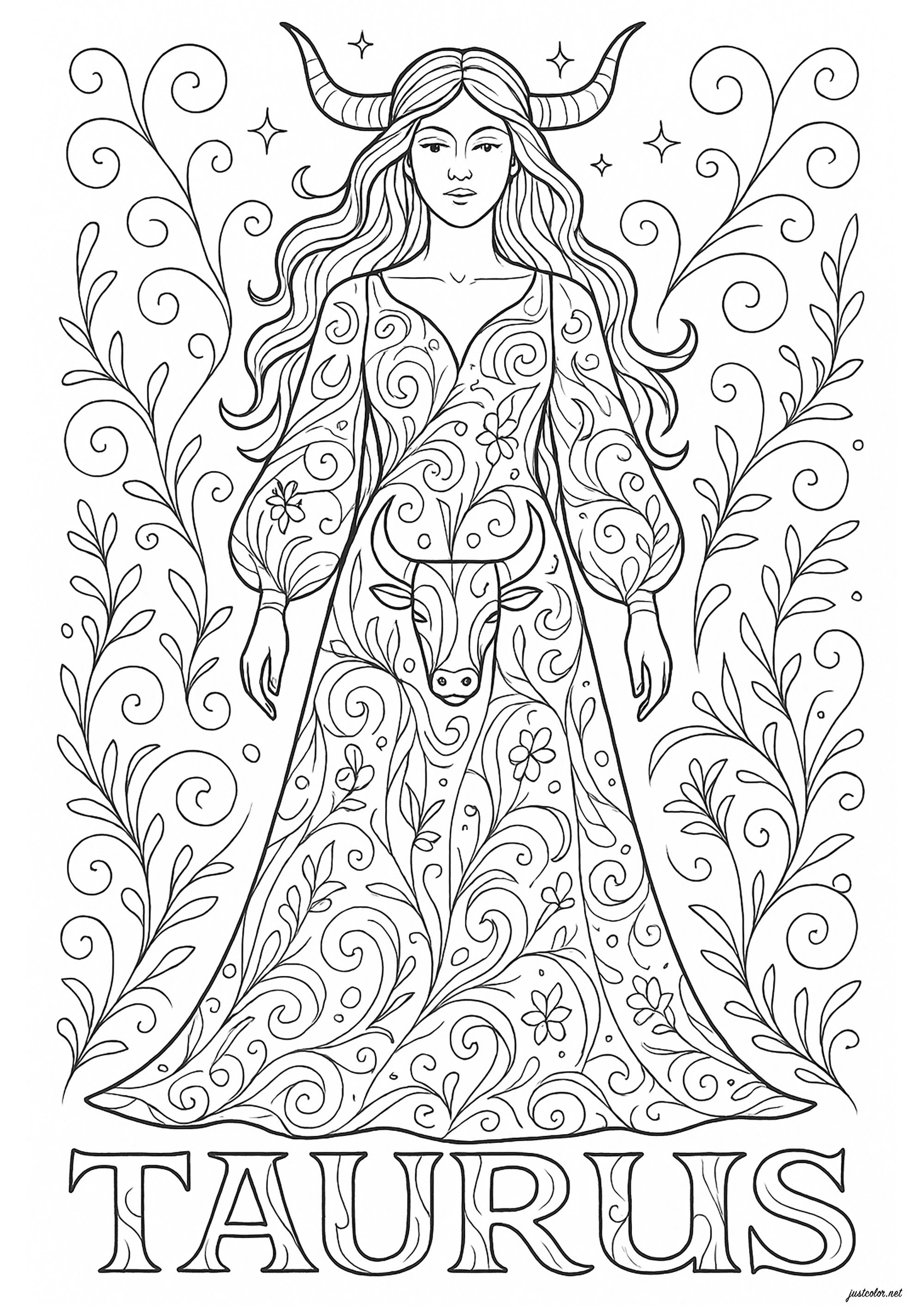 Segno del Toro (Taurus) rappresentato da una donna (Pagina Segni Zodiacali da Colorare per bambini)