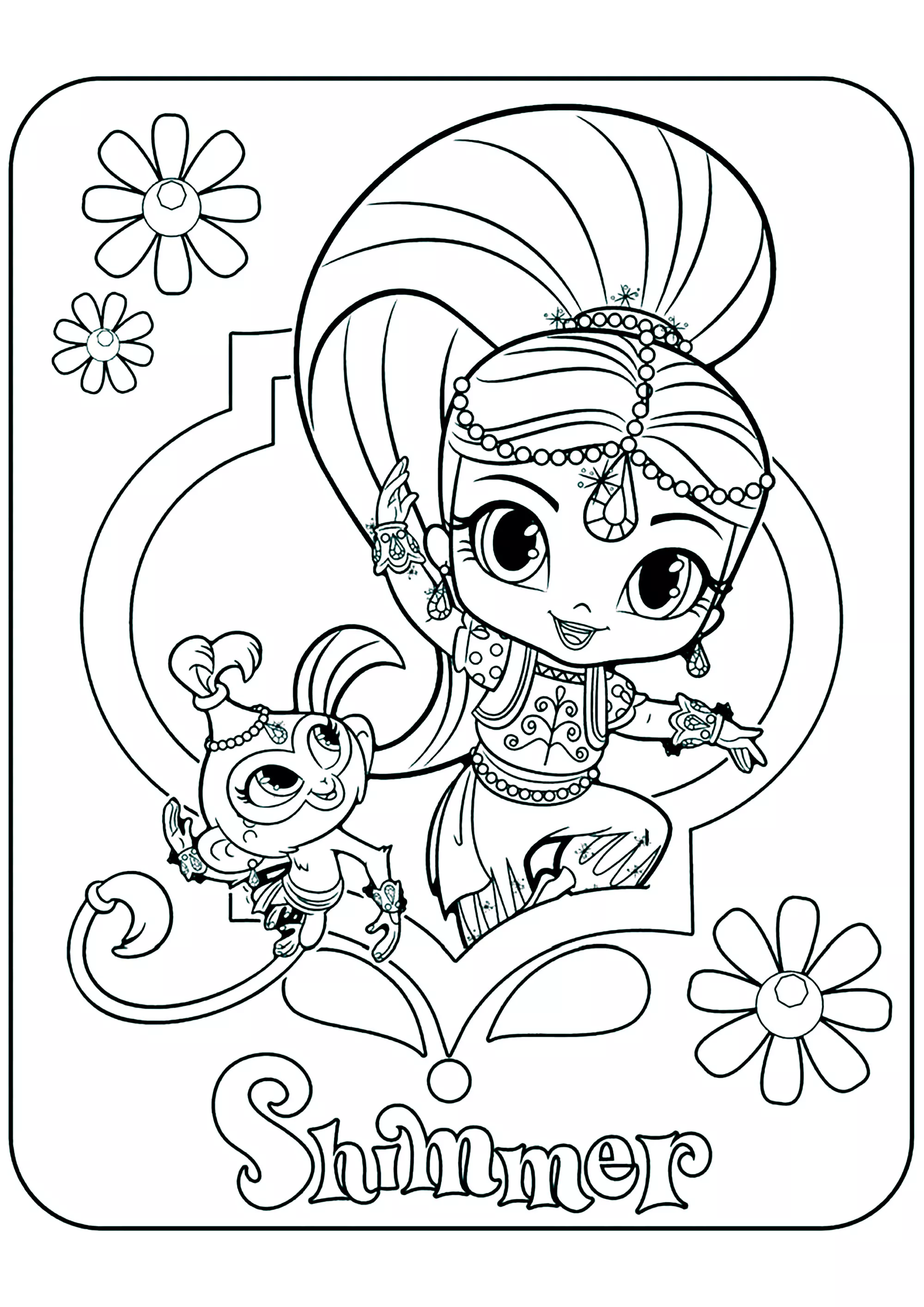 Shimmer e la sua amica scimmietta Tala (Pagina Shimmer And Shine da Colorare per bambini)