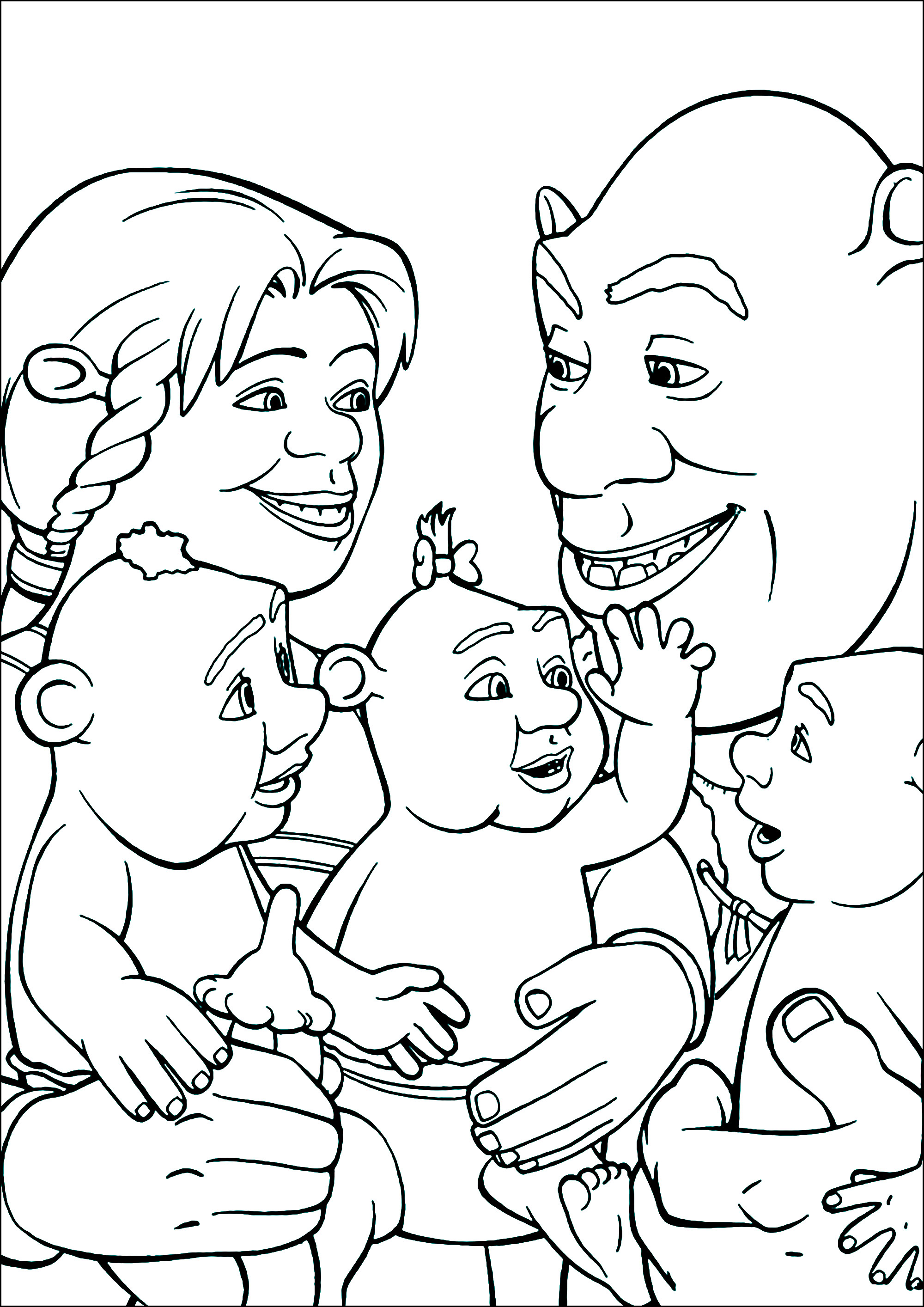Shrek, la principessa Fiona e i loro tre figli (Pagina da Colorare per bambini)