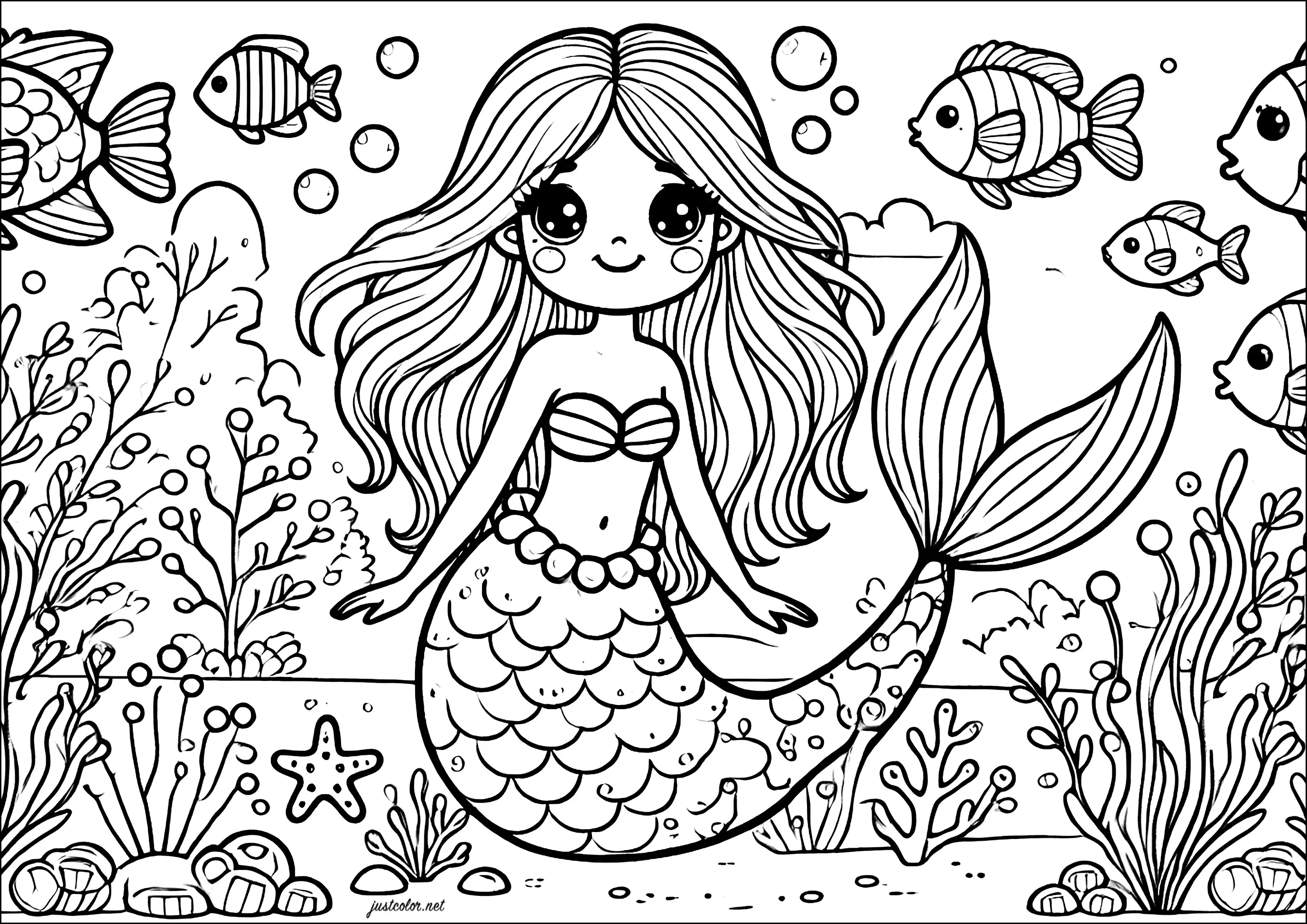 Giovane sirena con i suoi amici pesci (Pagina Sirenette da Colorare per bambini)