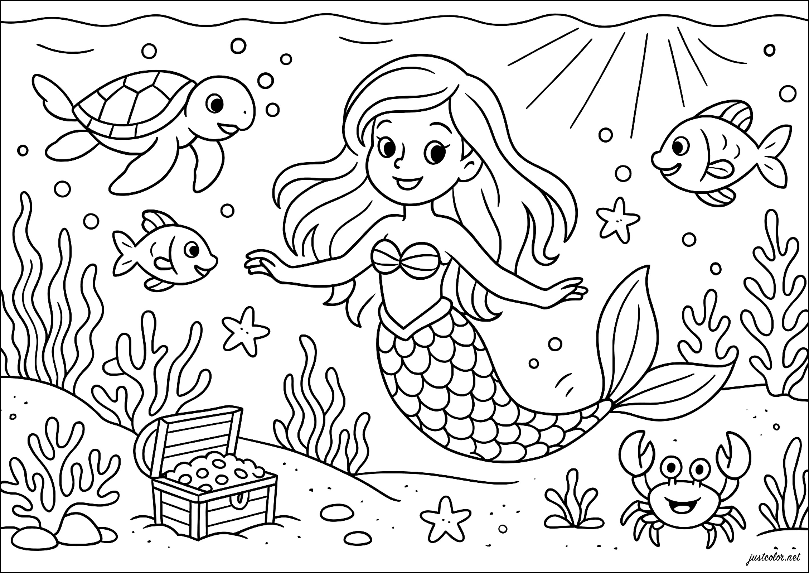Sirena alla ricerca di un tesoro sotto il mare (Pagina Sirenette da Colorare per bambini)
