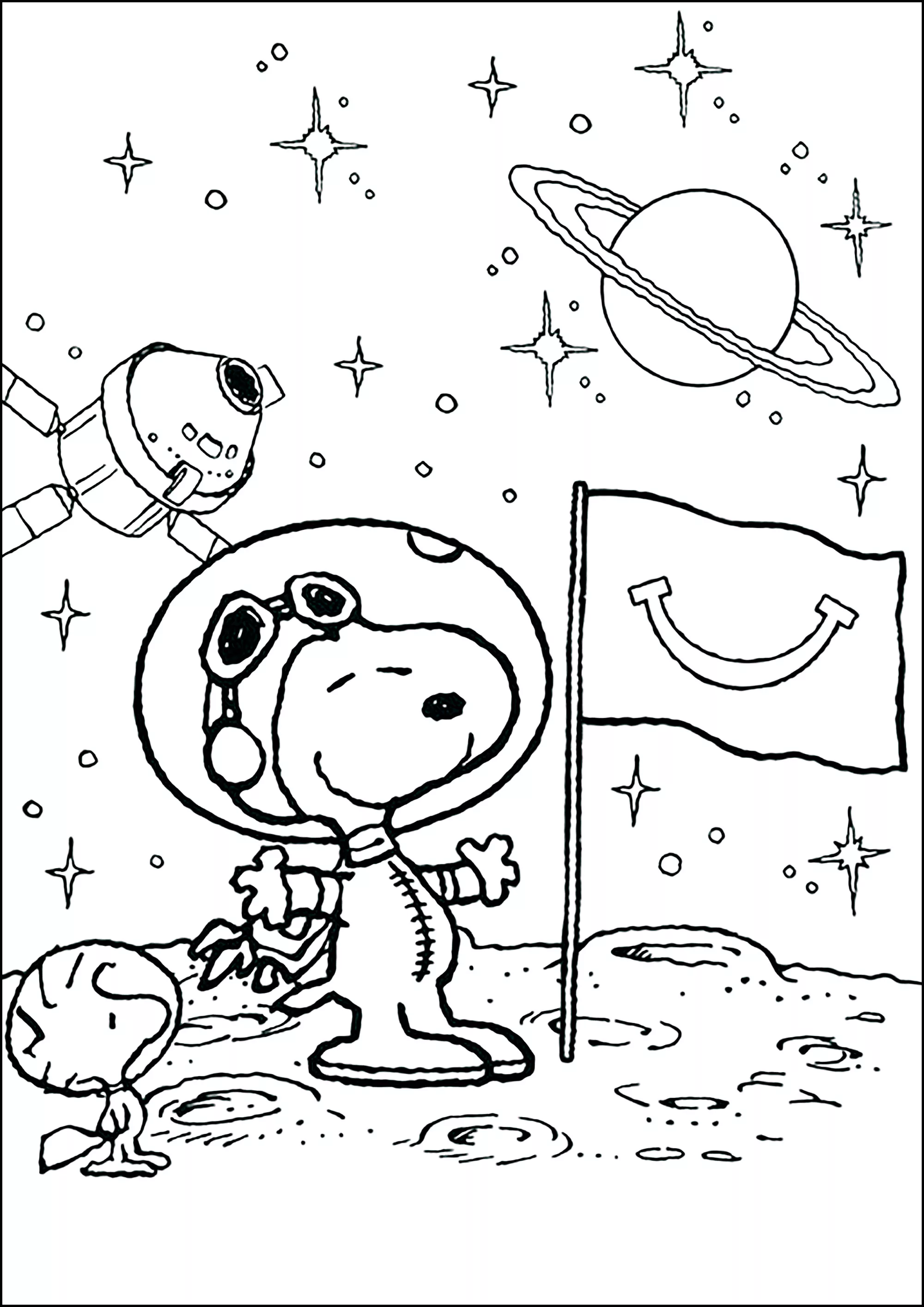 Snoopy l'astronauta scopre la luna con Woodstock. (Pagina da Colorare per bambini)