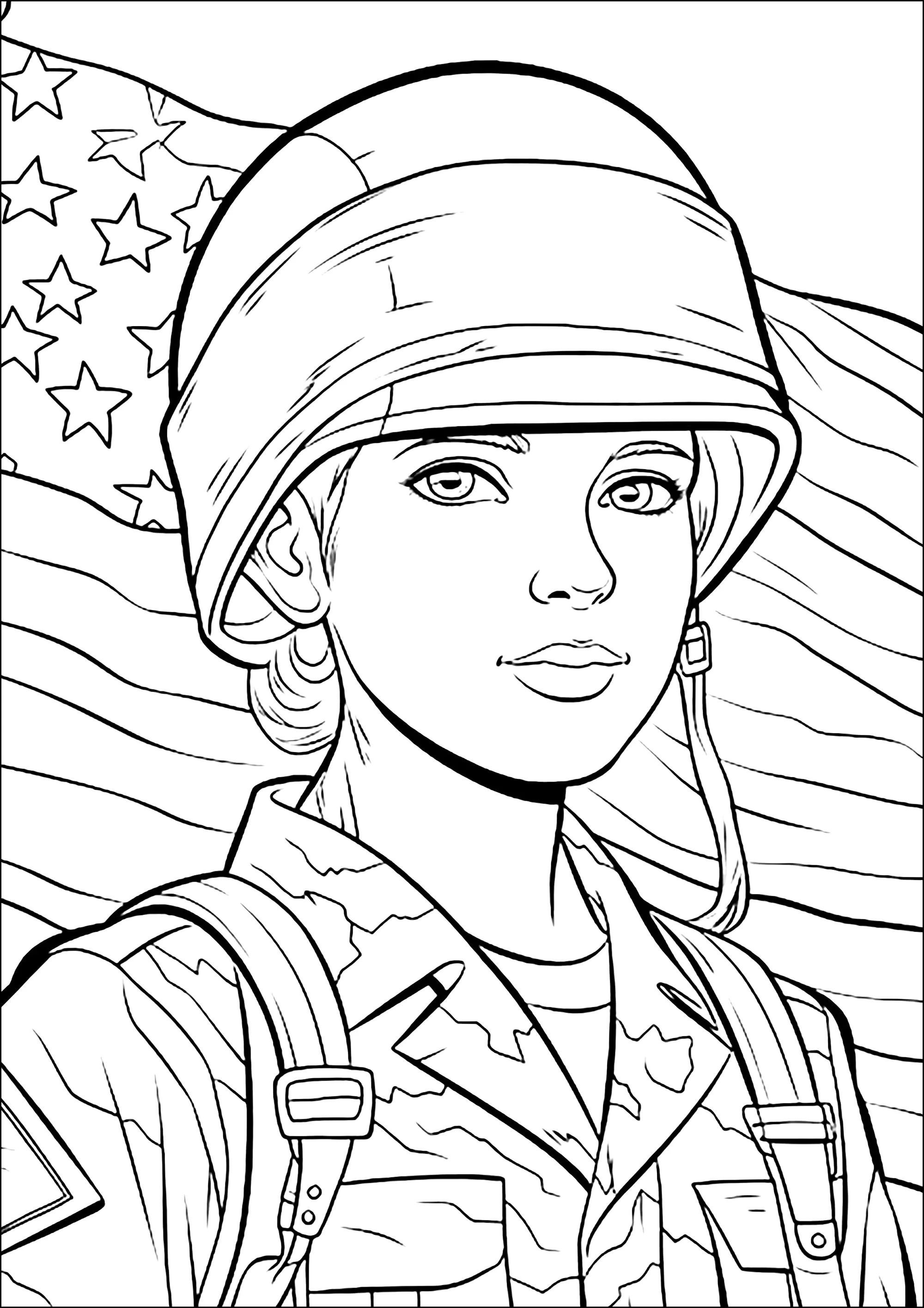 Una donna soldato davanti alla bandiera americana (Pagina Soldati da Colorare per bambini)