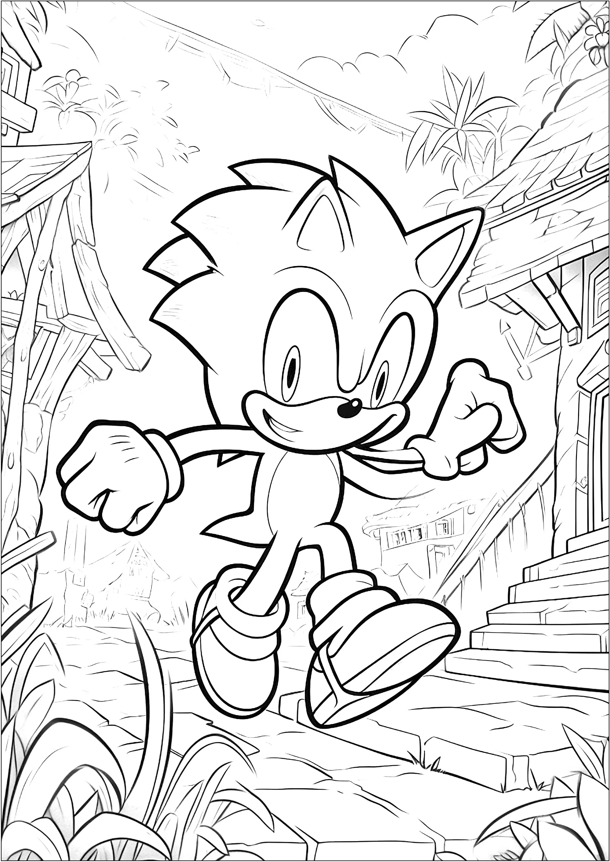 Sonic in un villaggio perduto (Pagina da Colorare per bambini)