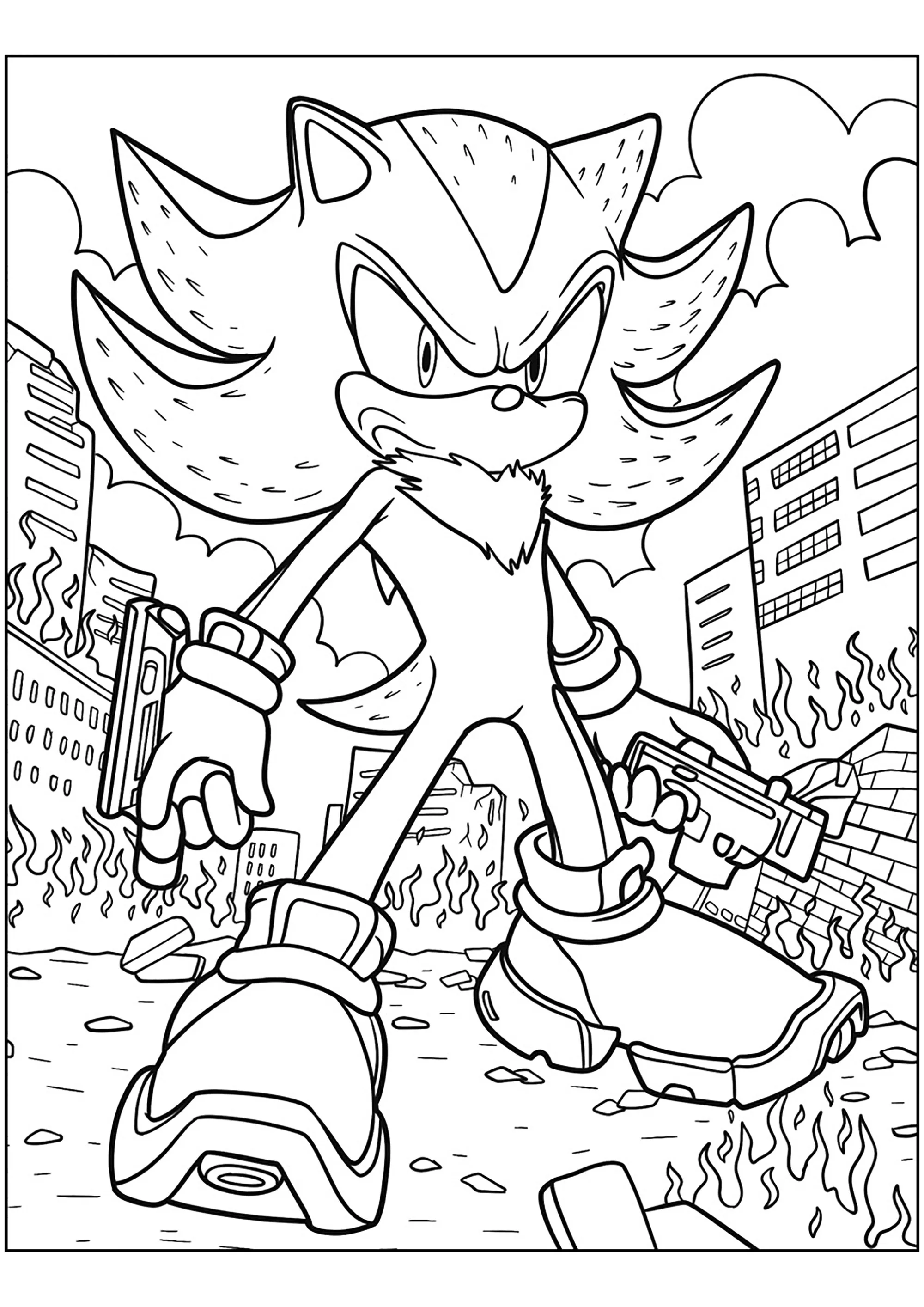 Shadow, il riccio, in una città (Pagina Sonic da Colorare per bambini)