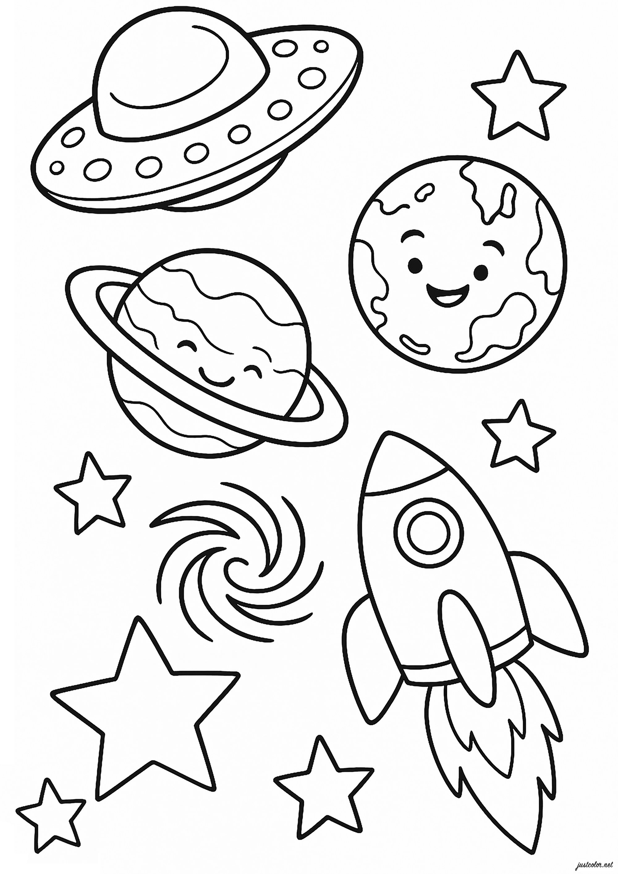 Bel disegno con razzo, pianeti, stelle e disco volante (Pagina Spazio Pianeti Galassie da Colorare per bambini)